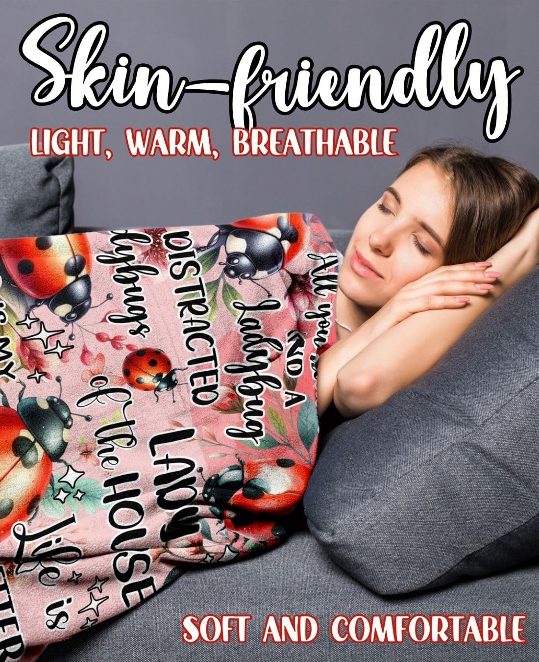 Ladybug Gifts for Women Girls, Blanket for Ladybug Lovers, 50" x 65" Throw for Birthday, Christmas - Red - Image 5