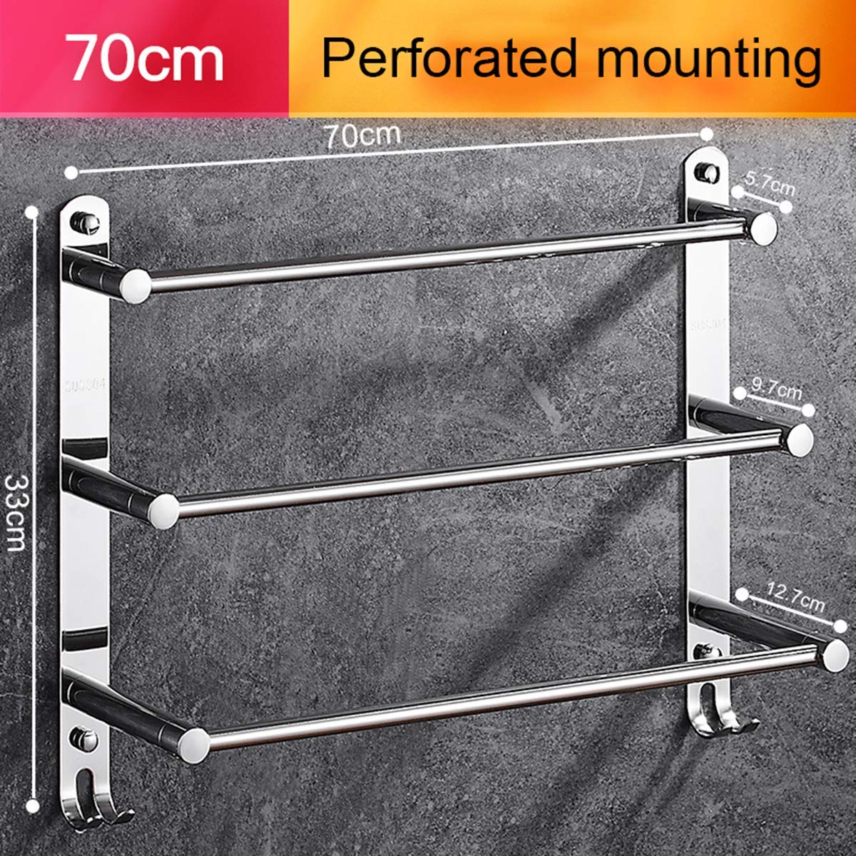 Handtuchhalter, 70 cm 3-Tier Bad Handtuchhalter mit Haken, SUS 304 Edelstahl Spiegel Polieren Wand Handtuchhalter, Handtuchhalter für Küche Bad Toilette Hotel Büro