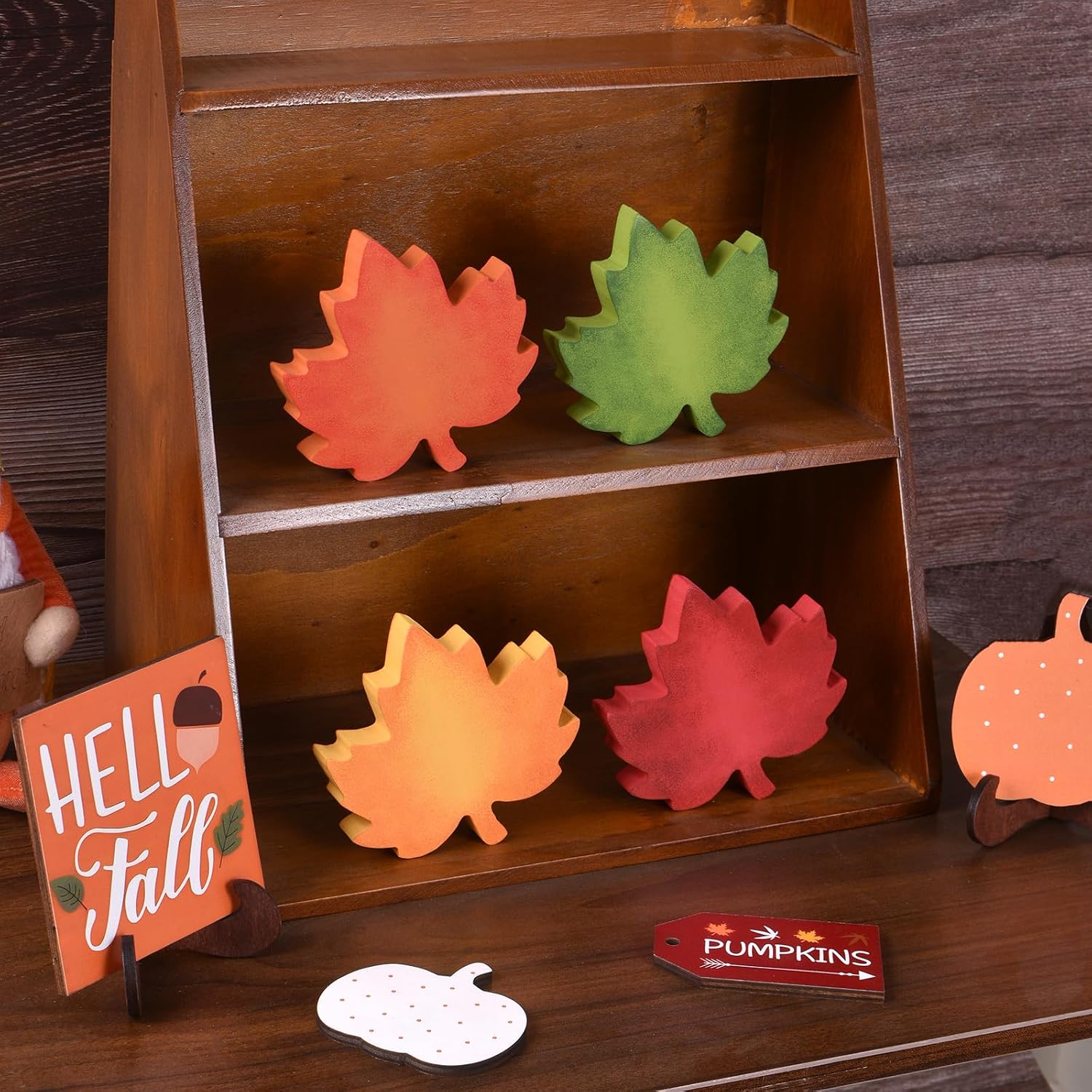Ovootok Fall Maple Leaf Decor 4PCS Wooden Autumn Table Decorations