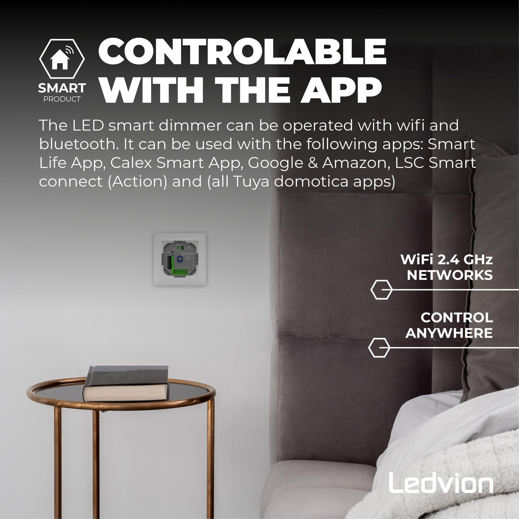 Ledvion - Interruttore Intelligente LED, LED 5-250W, Senza Copertura, Taglio di Fase, Dimmer Rotativo da Incasso, Variatore Rotativo LED