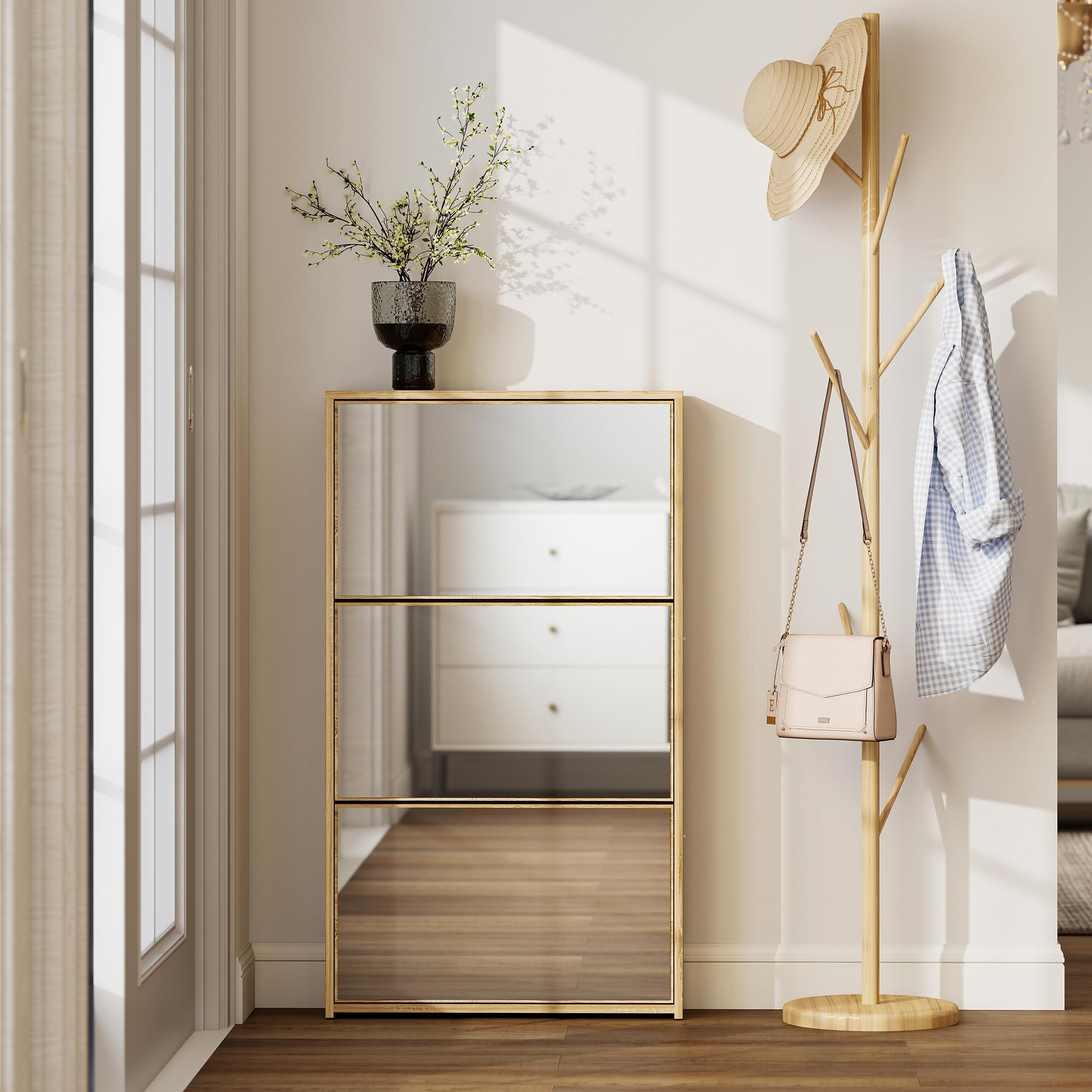 HOMCOM Zapatero Estrecho 3 Puertas con Espejo 65x17x114,5 cm Natural | Zapatero Entrada Recibidor, para 9 Pares de Zapatos, para Pasillo, Espacios Reducidos