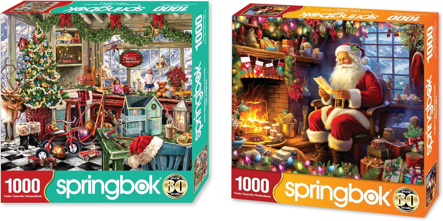 Springbok 1000 Piece Puzzles for Adults - Set of 2 New Christmas Jigsaw Puzzles - Santa's Workshop and Naughty or Nice