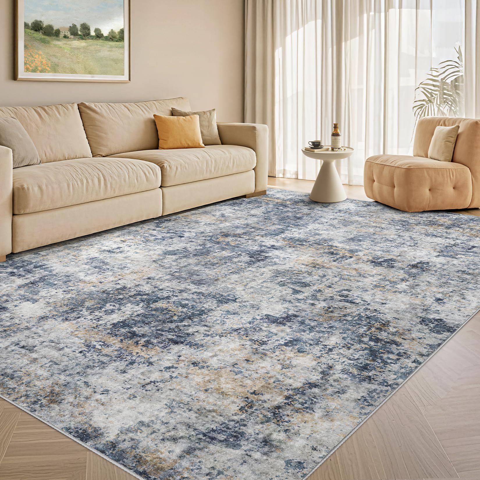 Tortania Washable 6x9 Area Rug for Living Room: Modern Abstract Neutral Large Soft Thin Rugs - Non Slip Indoor Carpet for Bedroom Dining Room Office Nursery Home Floor Decoration - Blue Grey