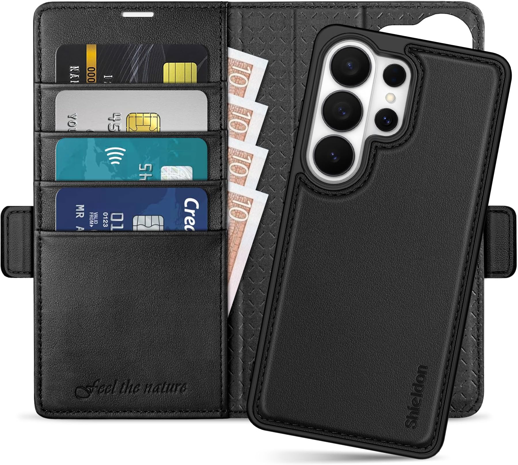 Genuine Leather 2 in 1 Detachable Wallet Case for Galaxy S26 Ultra 6.9-inch 2026, Magnetic Wireless Charging, RFID Blocking, Card Holder, Kickstand, Shockproof Removable Flip Cover - Black