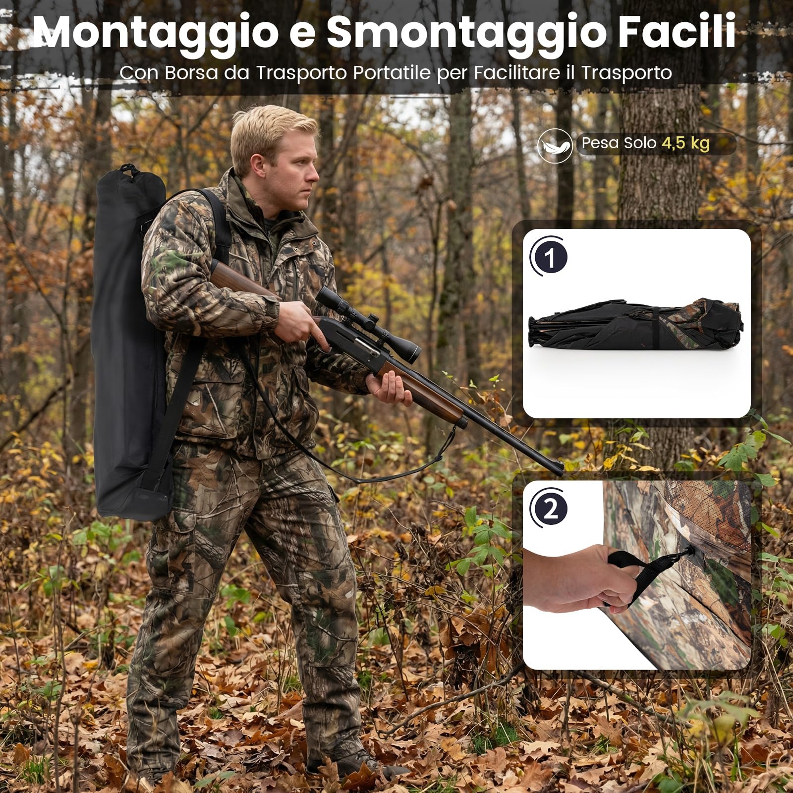 COSTWAY Barriera di Caccia Mimetico a 3 Lati Portatile 360°, Nascondiglio Pop-up 1-3 Persone con Porta per Cani, Tessuto Oxford con Borsa Trasporto, per Fotografia Naturale e Caccia