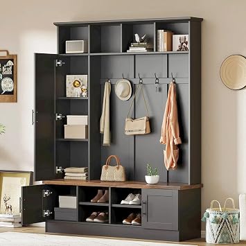 4-in-1 Hall Tree with Bench and Shoe Storage, Multi-functional Entryway Bench with Coat Rack, Storage Shelves, Shoe Cubbies, Adjustable Shelves, and 6 Hooks for Entryway, Hallway, Black