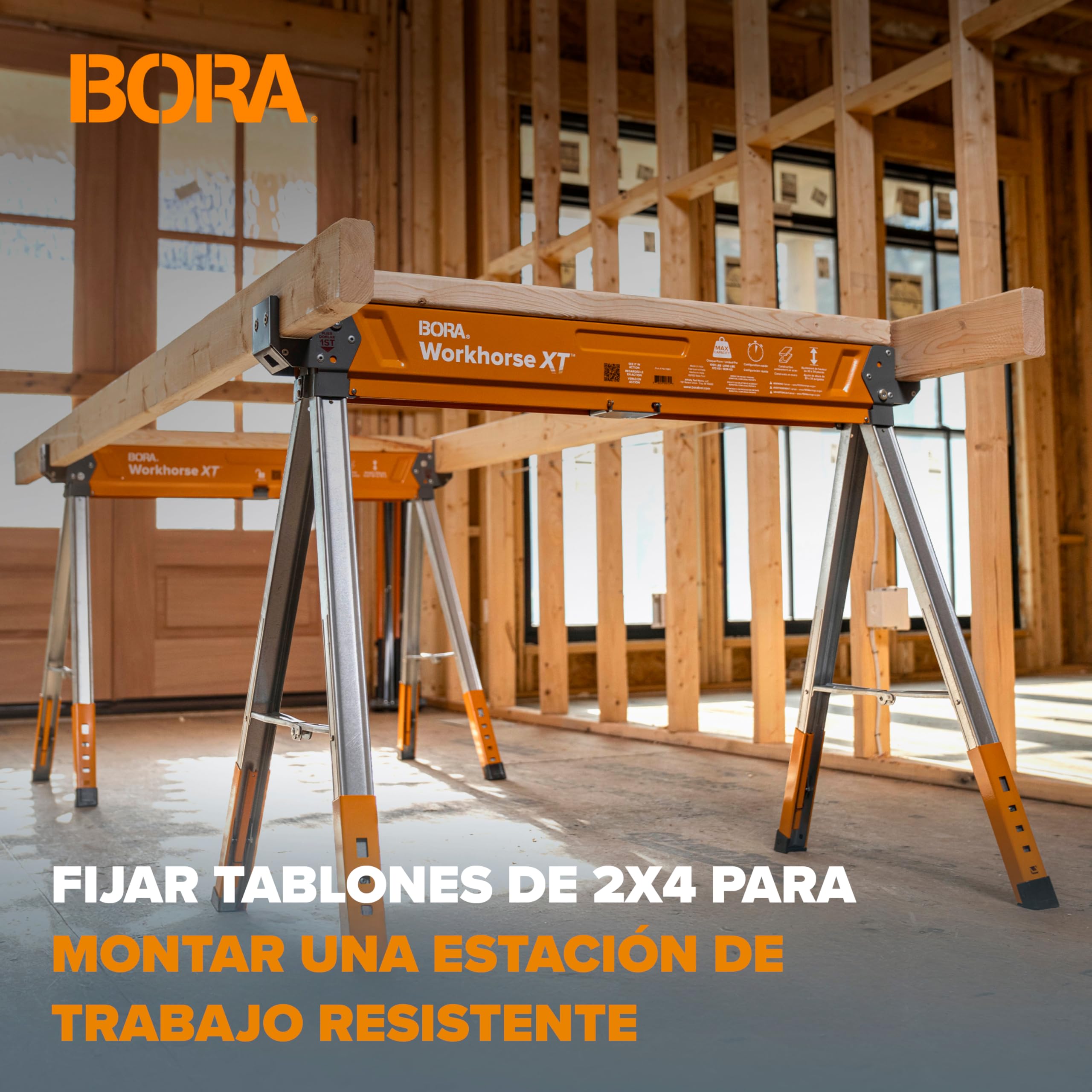 Bora Workhorse XT - Juego de 2 caballetes de sierra plegables, resistentes, altura ajustable, par con patas ajustables, caballo de sierra resistente para contratistas, banco de trabajo portátil con