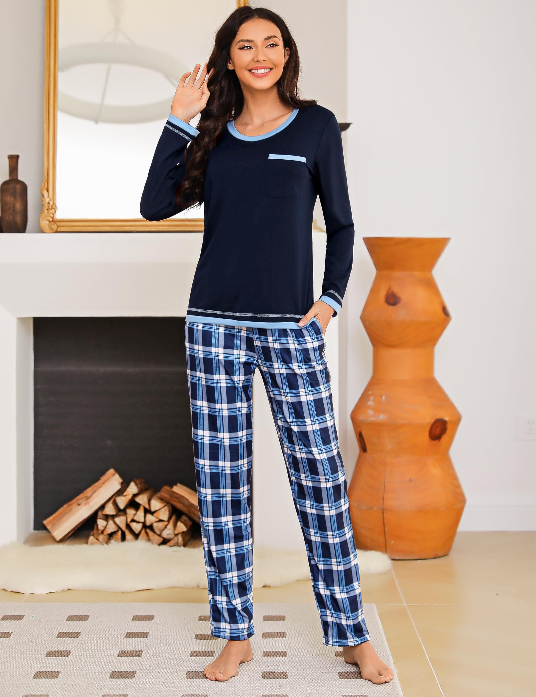 Marvmys Pigiama da Donna in Cotone Manica Lunga Pigiama Due Pezzi Invernale T-Shirt e Pantaloni con Tasche