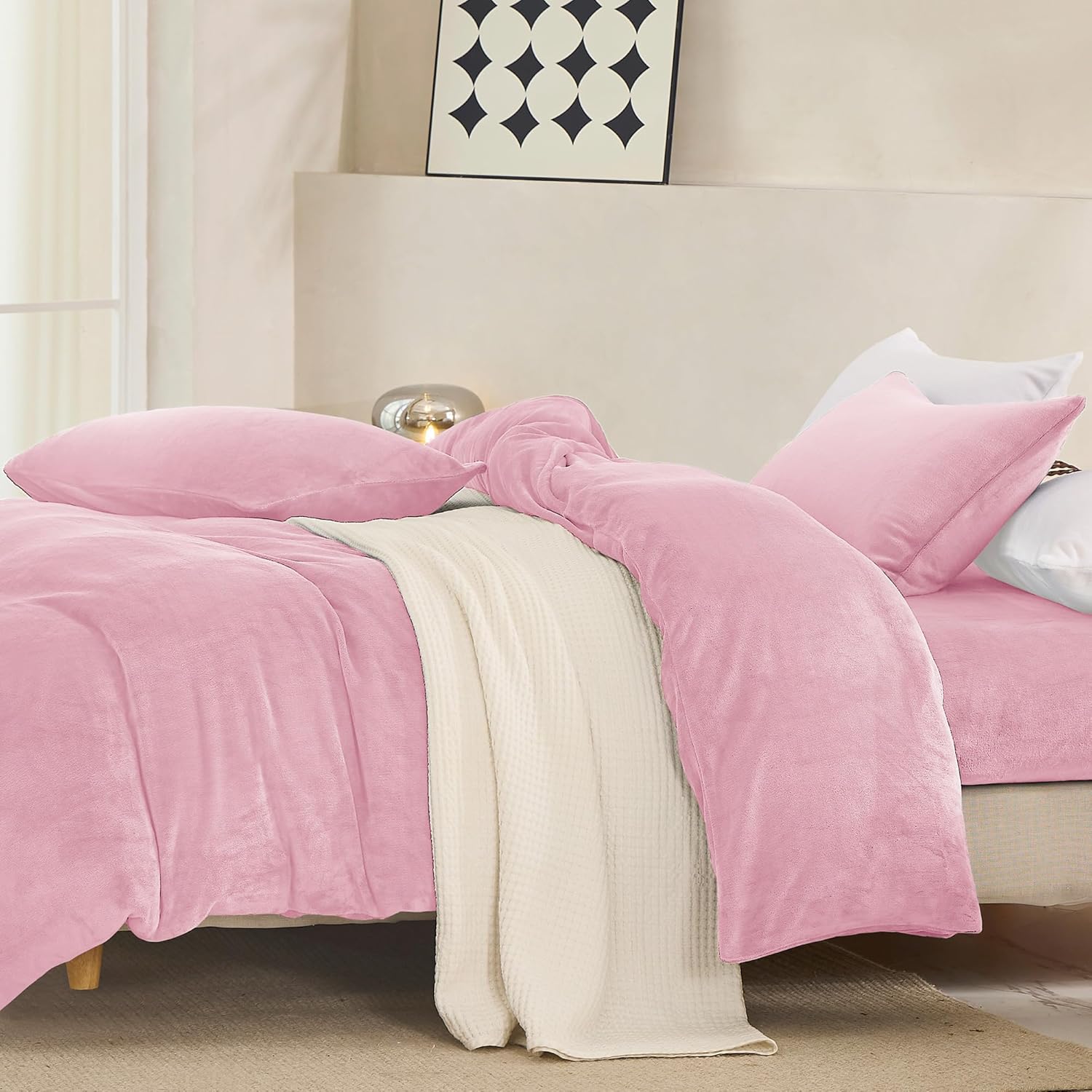 JELLYMONI Baby Pink Velvet Duvet Cover Queen Size - 3 Piece Ultra Soft Plush Bedding Set, Luxury Fluffy Comforter Cover with Zipper Closure & 8 Corner Ties for Bedroom - Image 2