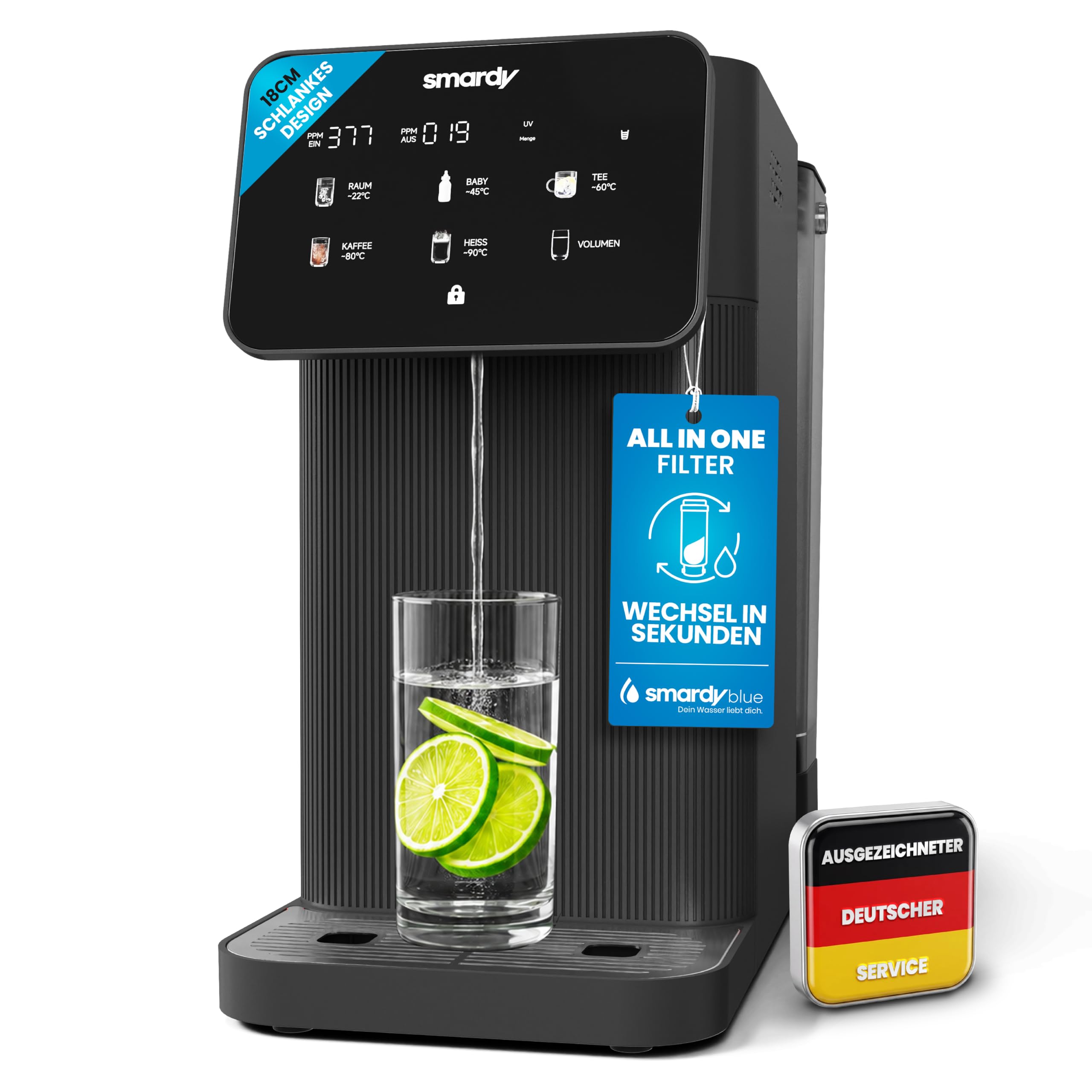 smardy blue tayma Osmoseanlage Auftisch – Umkehrosmoseanlage mit 5 Temperaturen & Heißwasser bis 90 °C, 5-stufige Wasserfilteranlage für Trinkwasser, ohne Festwasseranschluss, mobil für Küche & Van
