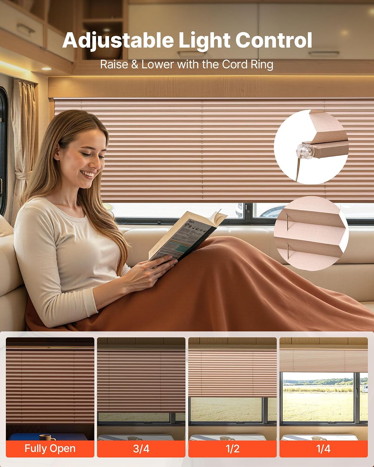 VEVOR RV Blinds, 62 in x 32 in, RV Pleated Shades, Polyester Fabric, Easy to Clean and Install, Privacy Protection and Sunlight Blocking, for Camper, Travel Trailer, Motorhome Window, Cappuccino