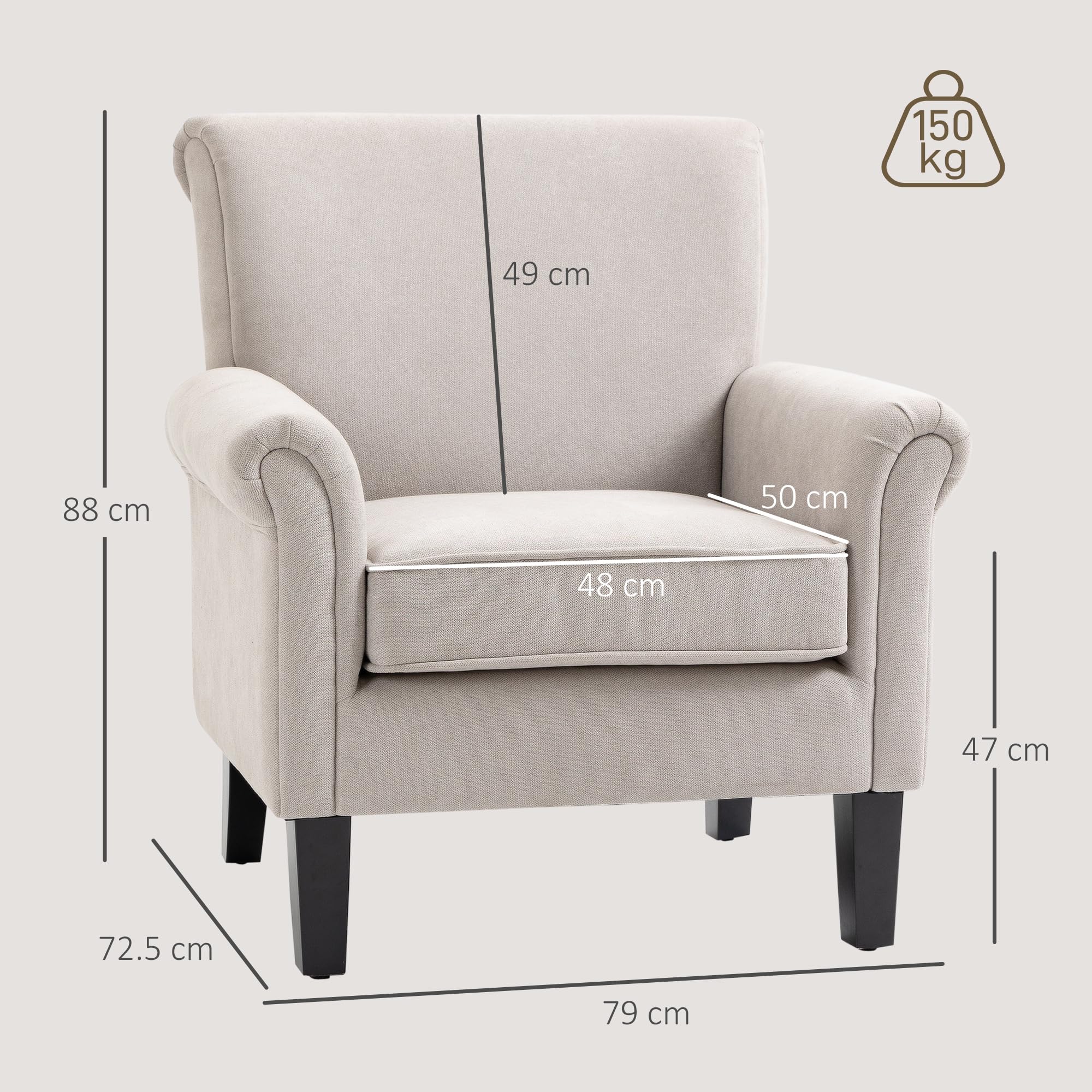 HOMCOM Poltrona d'Arredo in Stile Nordico con Braccioli, Poltrona Imbottita in Legno e Poliestere, 79x78x87 cm, Grigio e Marrone