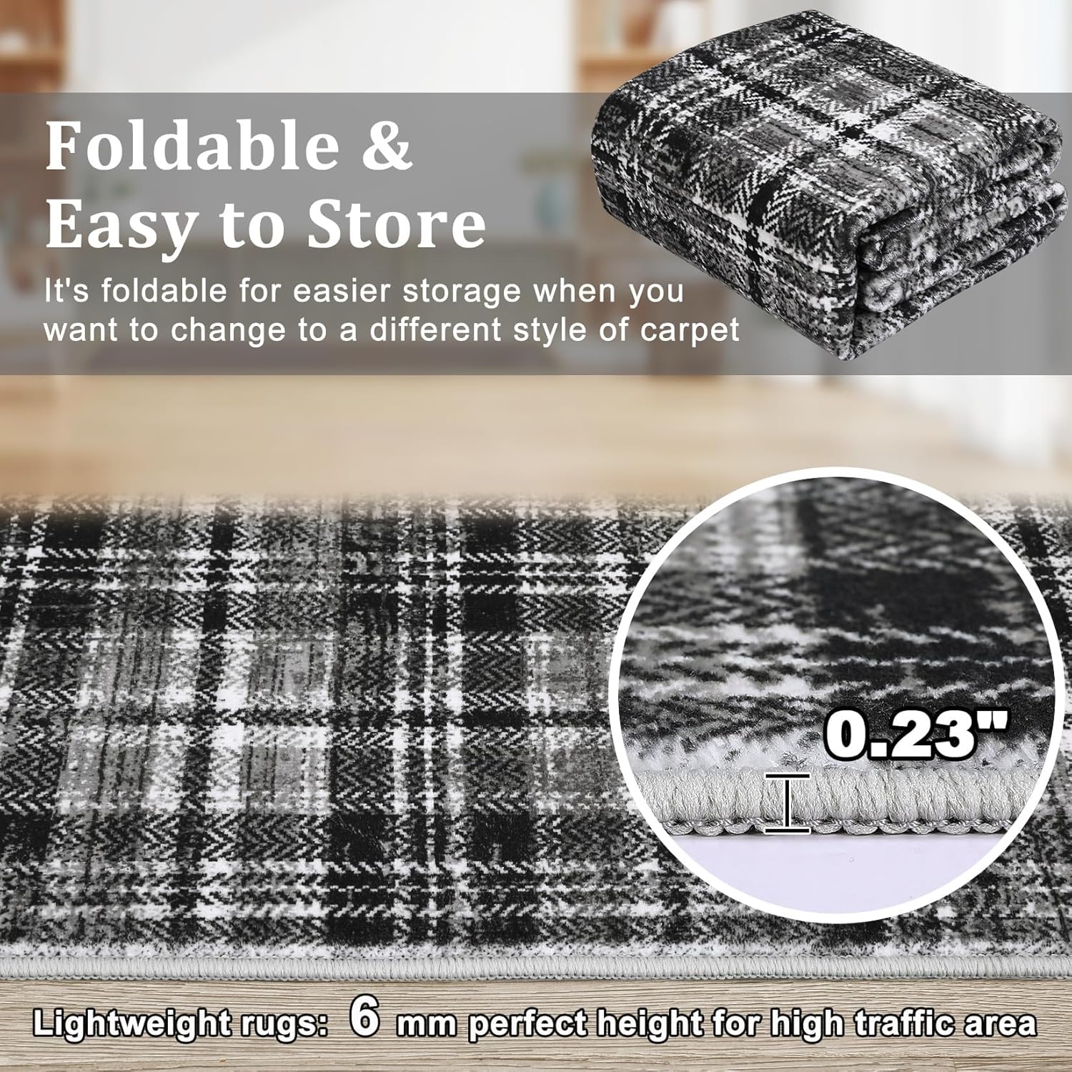 Modern Plaid Rug 3x5 Washable Entryway Rug Non Slip Soft Rugs Low Pile Non-Shedding Throw Rugs Checkered Distressed Floor Cover Indoor Foldable Thin Mat for Bedroom Under Table Charcoal