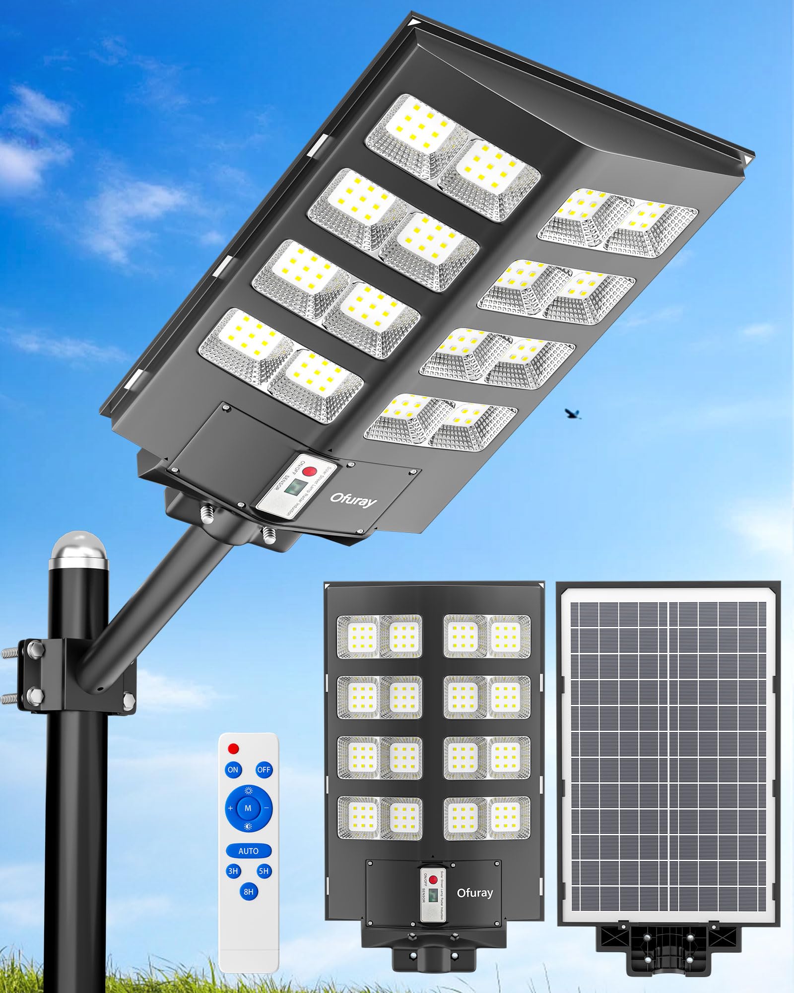 Ofuray Of-2600W Lampione Solare LED Esterno, 6500K Lampada Solari con Sensore di Movimento, Impermeabile IP67 Lampione Stradale, Faretto LED da Esterno Solare con Telecomando Adatto per Cortile,Garage