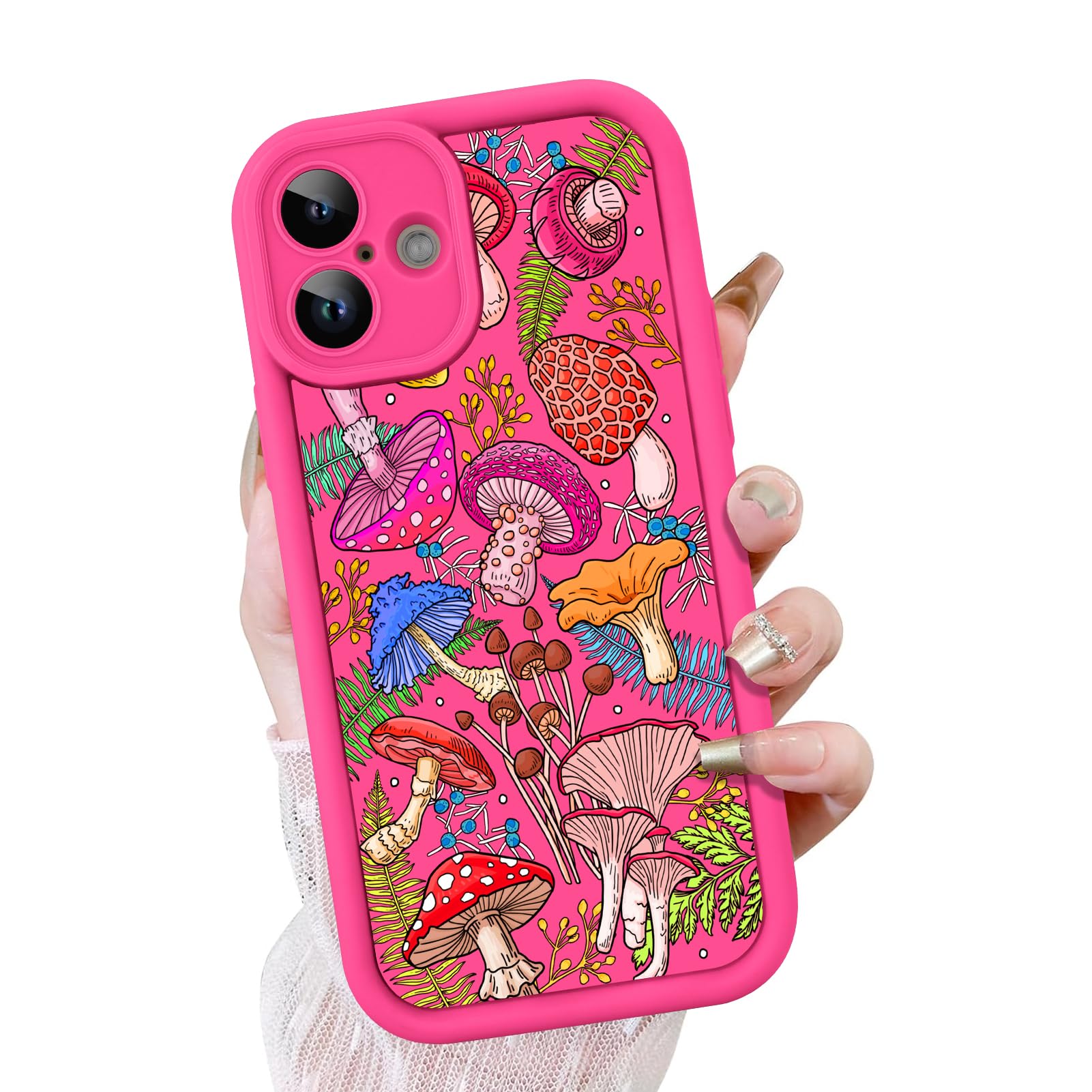 KANGHARCase for iPhone 16 Plus Case, Cute Mushroom Art Design Soft TPU Shockproof Protective for Women Girls Slim Phone Cover-Hot Pink