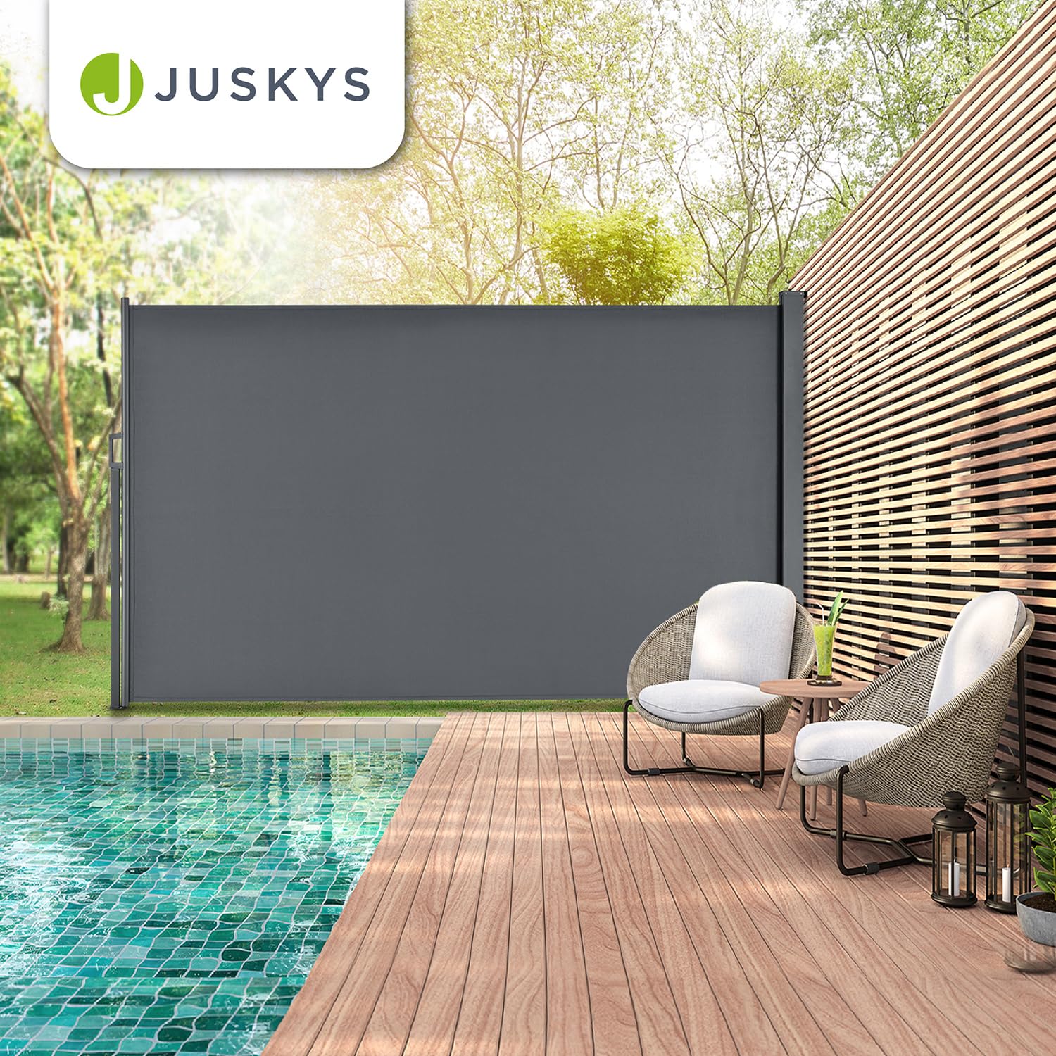 Juskys Store latéral 180 x 300 cm Extensible et Opaque, Brise-Vue pour Balcon, terrasse et Jardin, Auvent latéral avec Support Mural, Protection Solaire en Acier & Tissu Impermeable - Gris foncé