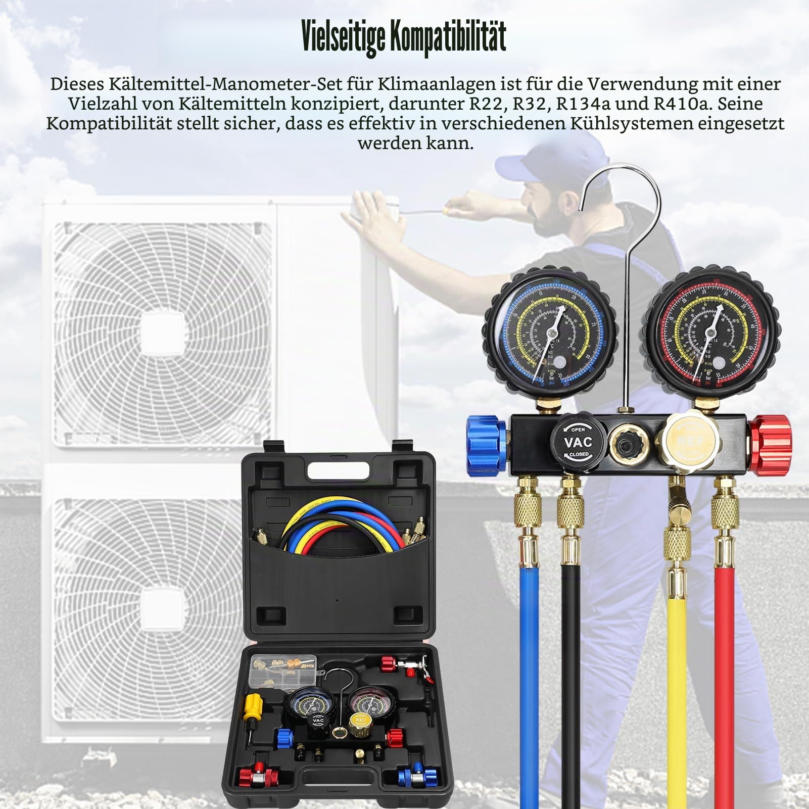 Weytoll Manometer-Set 4-Wege-Doppelventil 1,5 m Schlauch Messing-Schnellkupplungen für Klimaanlagen R22 R134a R410a