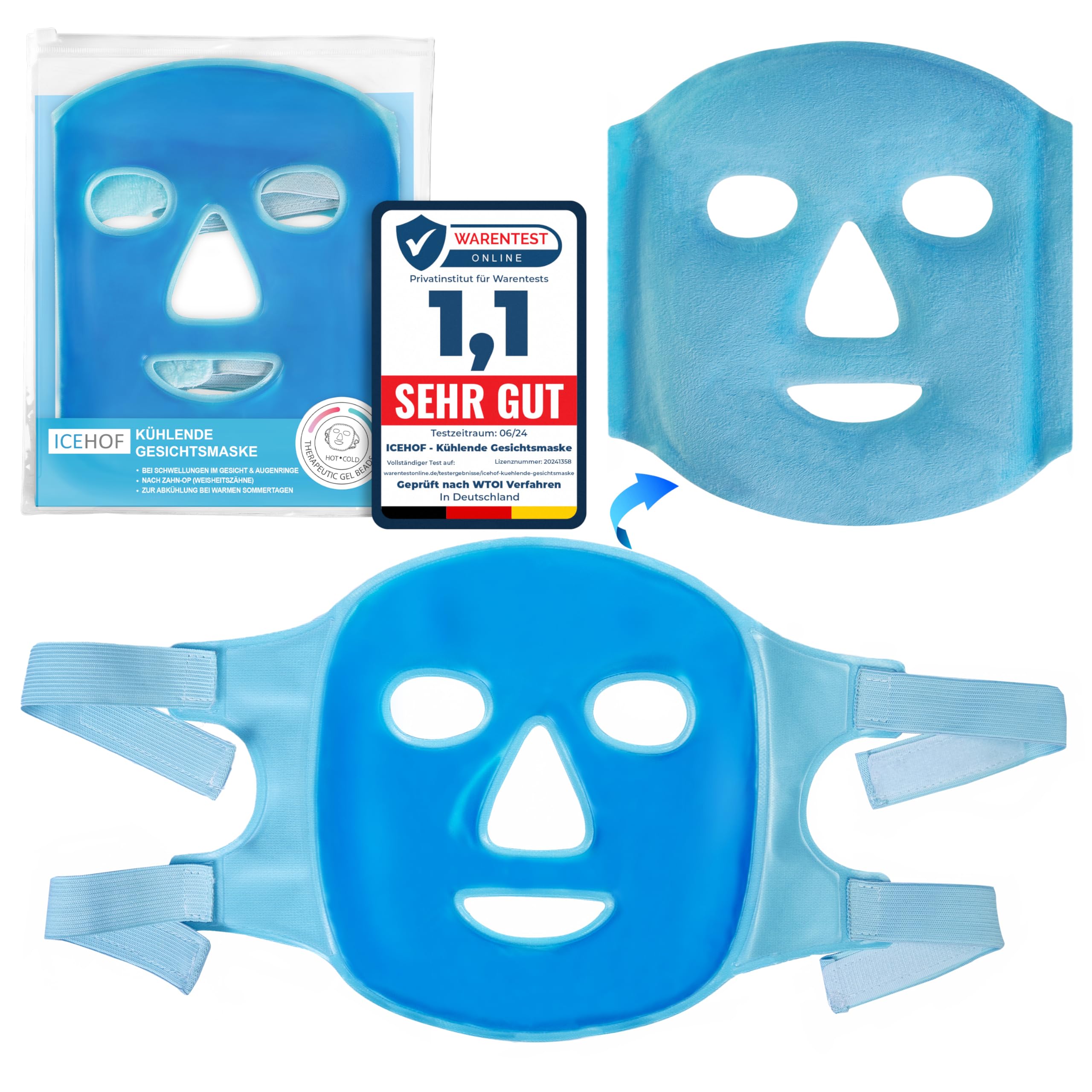 ICEHOF Kühlmaske Gesicht mit Klettverschluss - Beidseitig anwendbar (Plüschstoff) - Mit hochwertigem Gel für optimale Kühlung - Kühlpads Gesicht Kühlende Gesichtsmaske - Mit Aufbewahrungsbeutel