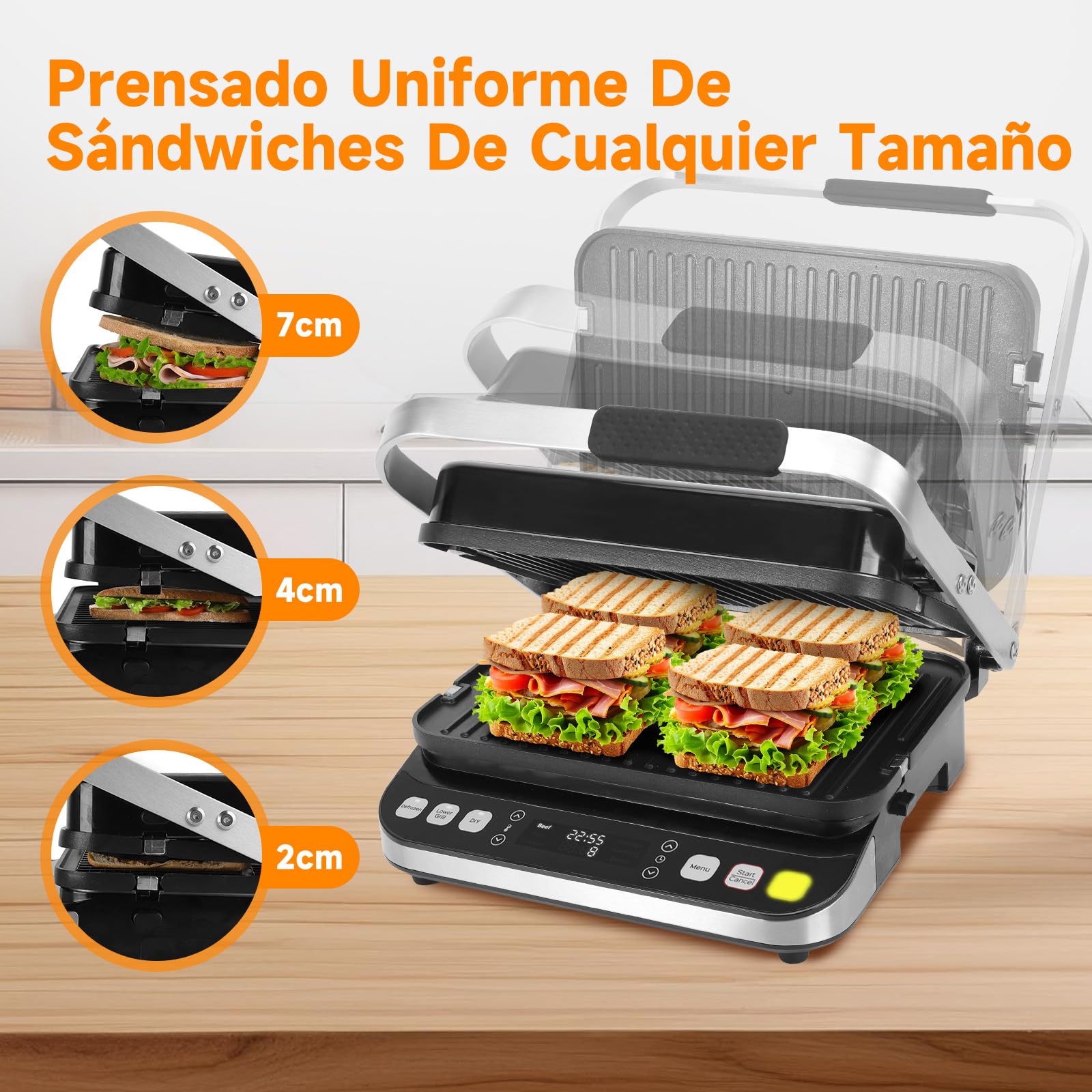 Taylor Swoden Parrilla Eléctrica 9 en 1 2000W, Sandwichera Grill con 3 Modos de Control de Temperatura Independiente, 6 Programas Automáticos y Apertura 180°, Placas Antiadherentes Desmontables