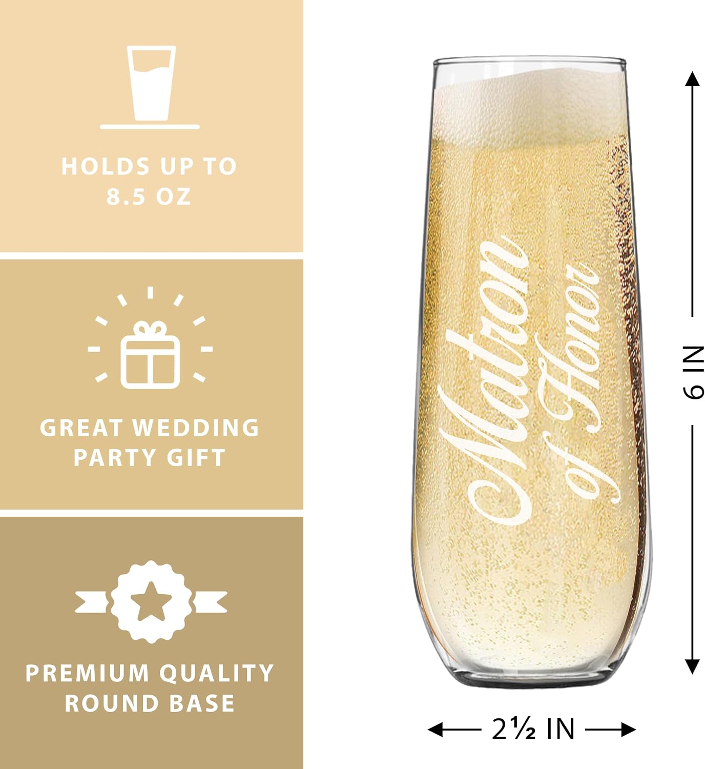 My Personal Memories Engraved 8.5 oz Stemless Champagne Flute Glasses for Weddings, Bachelorette, Bachelor, Reception, Parties (Matron of Honor)