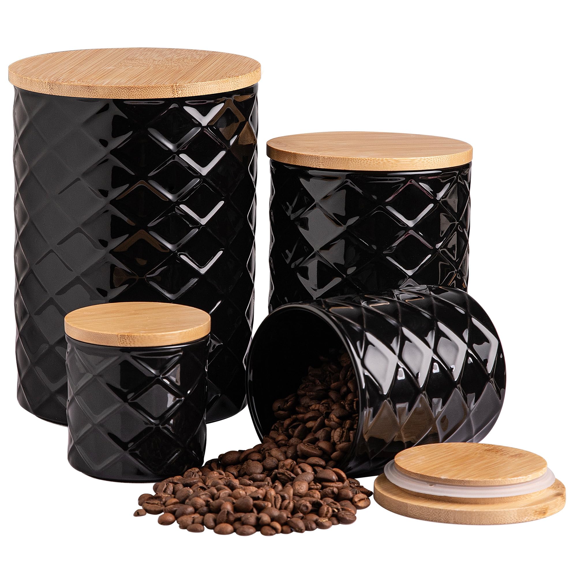 Photo 1 of *** Stock photo for reference only ***
Sweejar Ceramic Canisters Sets for Kitchen Countertop, Relief Food Storage Jar with Bamboo Lid, Stackable Container for Flour, Coffee, Pasta, Cereal, Tea, Sugar, Spices, Pack of 4 (Walnut White)