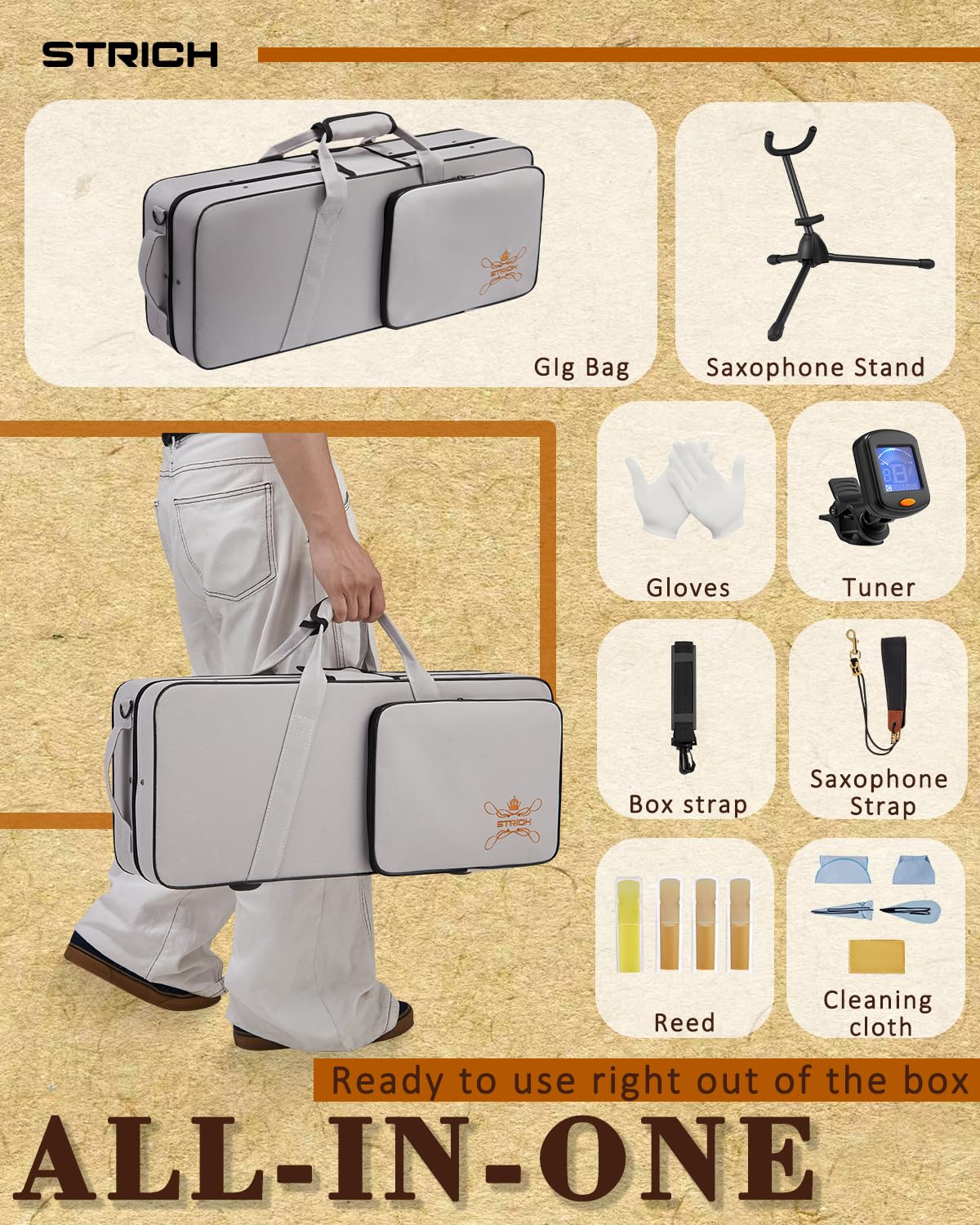STRICH Kit de saxophone alto en cuivre pour débutants, comprenant une sangle de cou, un bec et des anches, destiné à la pratique à la maison et aux orchestres scolaires, SSA-31