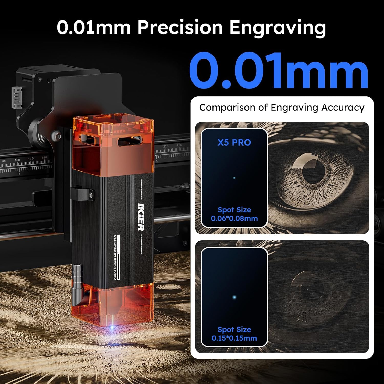 Comparison of engraving accuracy showing 0.01mm precision with IKIER X5 Pro