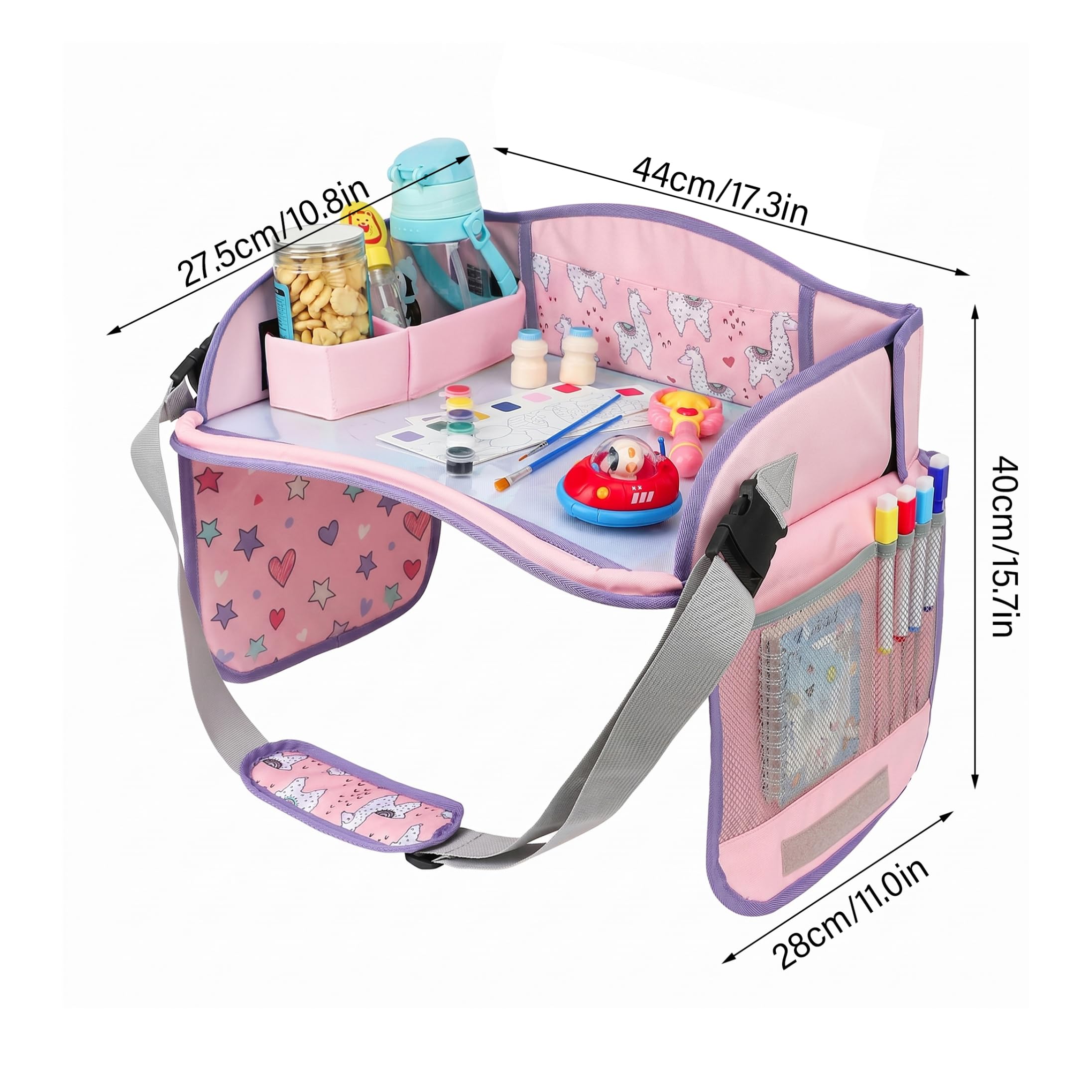 Tavolino da auto per bambini, vassoio da viaggio regolabile per bambini, tavolo pieghevole in tessuto compatibile con touchscreen con scomparti portaoggetti, per ragazzi e ragazze, Style-2