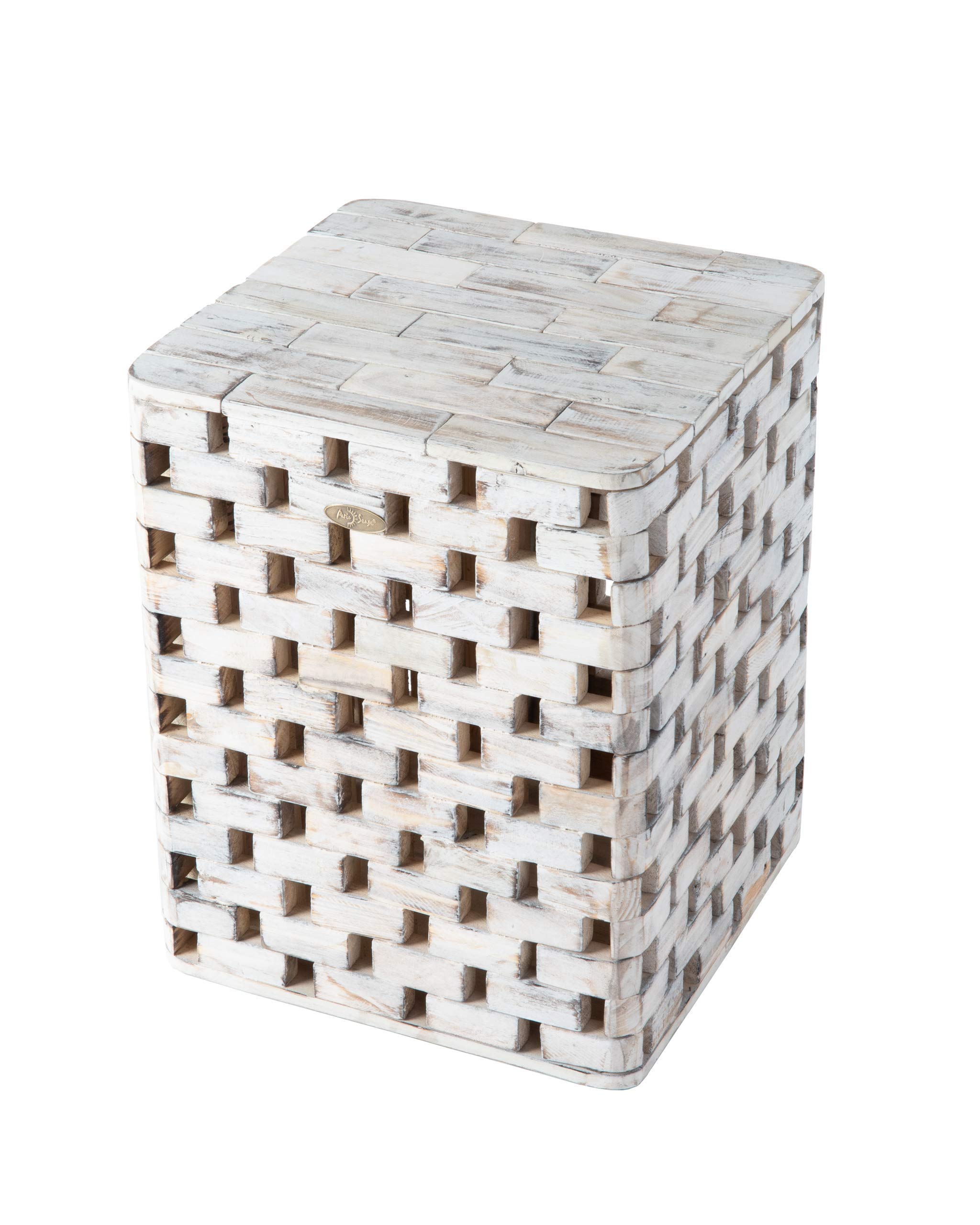 Patio Sense Maya Square Indoor Outdoor Garden Stool Table | Reclaimed Wood | Rustic White Design | Ideal for Entertaining, Gardening, and Decor | For Porch, Garden, Lawn, Backyard, Balcony, Apartment
