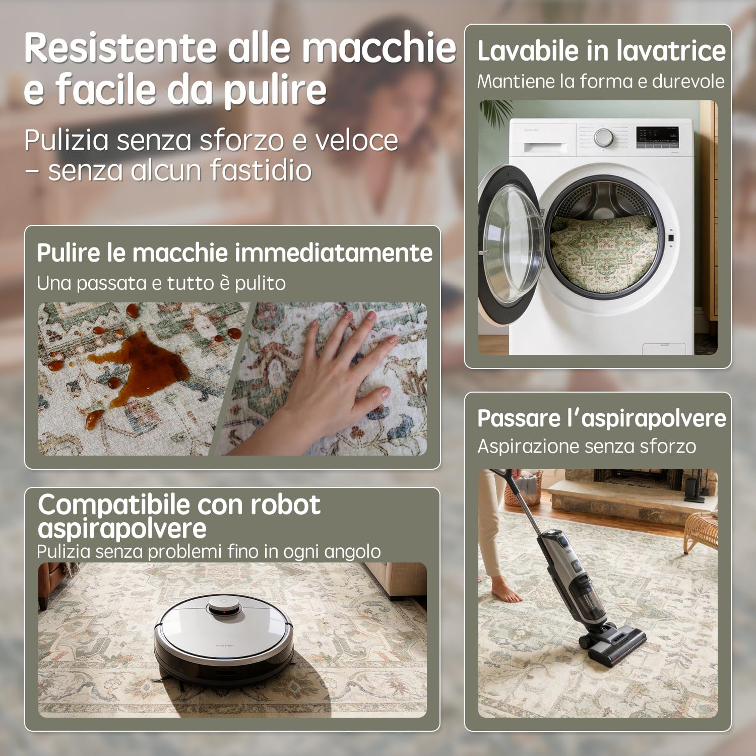 Vintage Tappeto per Salotto Verde Chiaro ⌀120 cm | Antiscivolo Lavabile in Lavatrice | Tappeto Interno per Soggiorno, Camera e Sala da Pranzo