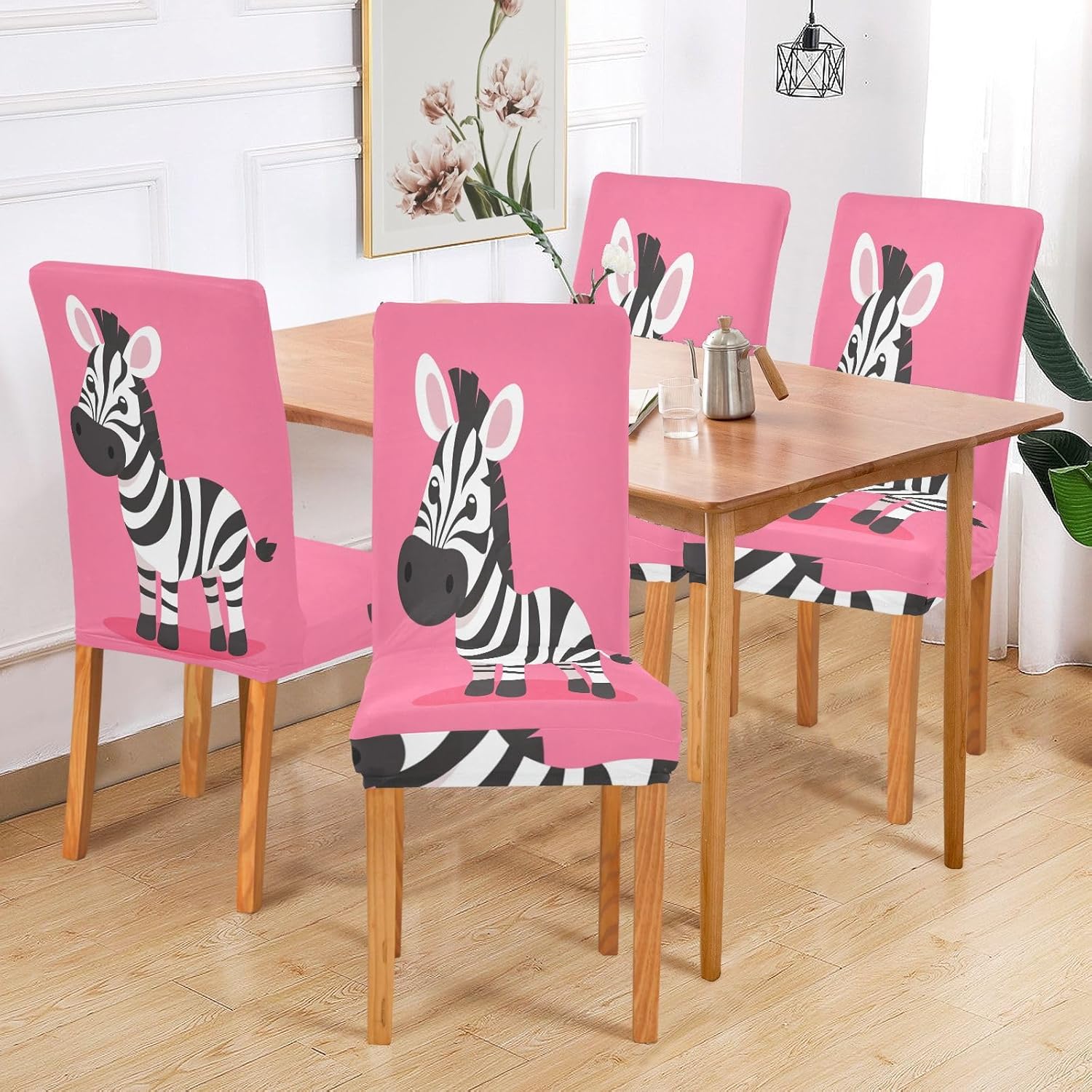 ALAZA Chair Covers for Dining Room, Zebra Cartoon on Pink Stretch Chair Cover Sets Chair Protector Removable Washable for Ktichen Restaurant Hotel