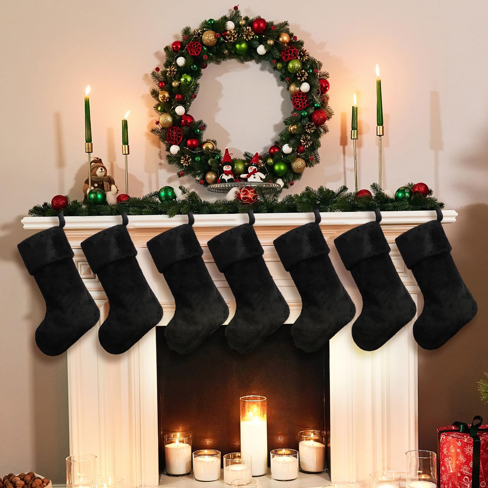 12 Stück schwarze Weihnachtsstrümpfe, 45,7 cm, große Weihnachtsstrümpfe, dicker Plüschstoff, hängende Strümpfe, schwarze Weihnachtsdekorationen für Weihnachten, Urlaub, Familie, Party, Baum,
