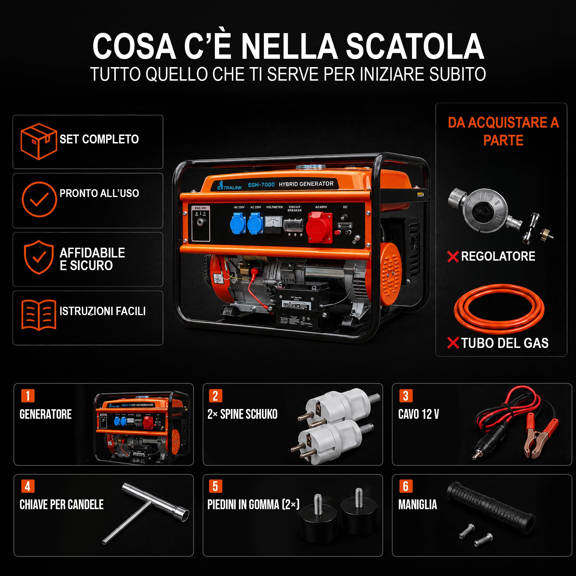 EXTRALINK EGH-7000 Generatore di corrente ibrido GPL CNG benzina 7 kW 3F 7000 W Capacità serbatoio 25 l Sistema di protezione da sovraccarico Easy-Start 2 x AC 230 V