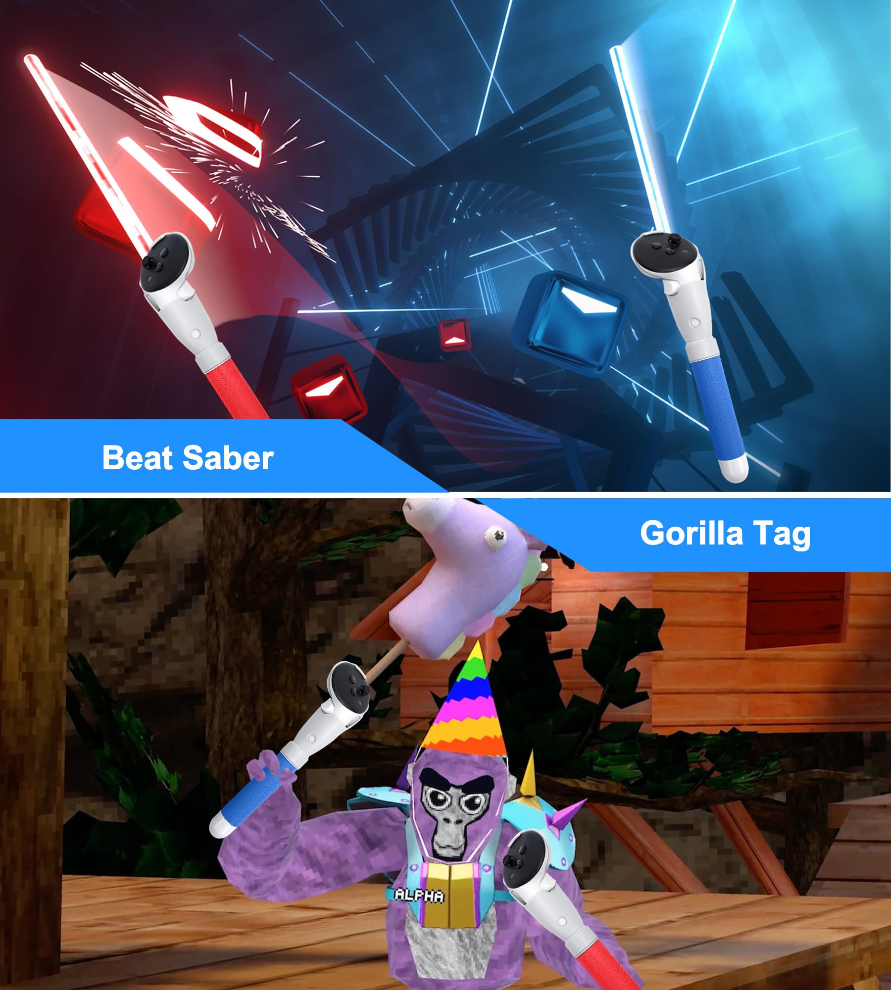 TRANSNOVO Griffaufsätze Kompatibel mit Meta Quest 3S/Quest 3/Oculus 3 Controller Zubehör, VR Gorilla Tag Long Arms Sticks, Beat Saber Handles, Verlängerungsgriffe für VR-Spiele (Rot und Blau)
