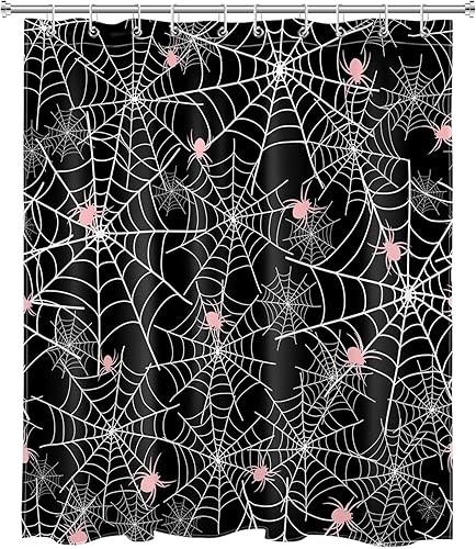 Miniatura 2 de EOBTAIN Cortina de ducha de Feliz Halloween para baño, arañas rosas aterradoras con telaraña sobre negro, cortina de ducha farbic con 10 ganchos,