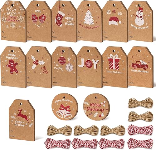 Blisstime 120 etiquetas de regalo de Navidad con cuerda, 15 estilos, etiquetas de papel de estraza de papel de estraza, etiquetas únicas de Navidad