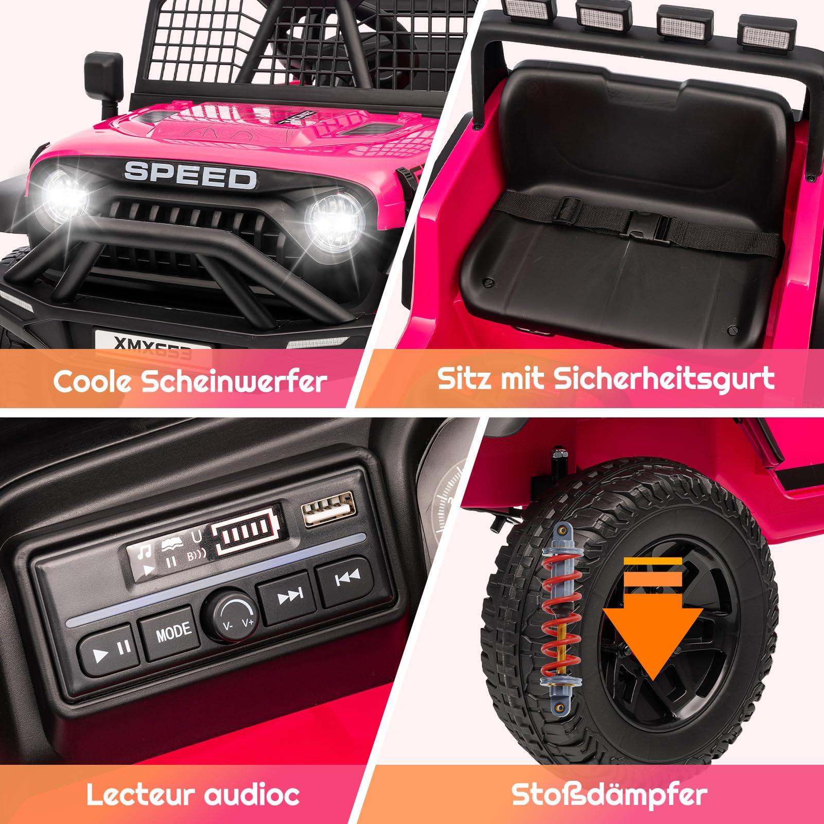 HAUSPROFI Elektroauto für Kinder, Elektro Kinderauto mit Fernbedienung, 12V 4,5AH Batterie, Geschwindigkeitsstufen, Musik, Bluetooth, LED-Leuchten und Sicherheitsgurt, für Kinder ab 3-6 Jahren (Rosa)