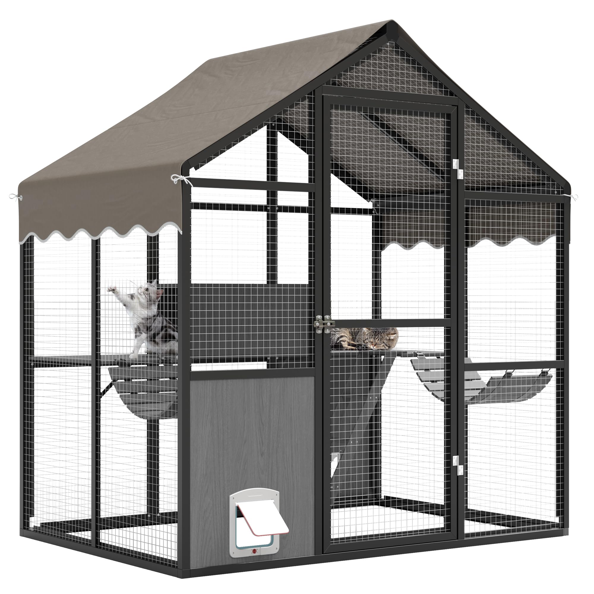 Aluminum Walk-In Large Outdoor Cat Enclosure, Large Outdoor Catio for Multiple Cats, Outside Cattery with Weatherproof Roof with Channels, Side Door, UV Proof Cover, Huge Condo, Platform, Black, 70
