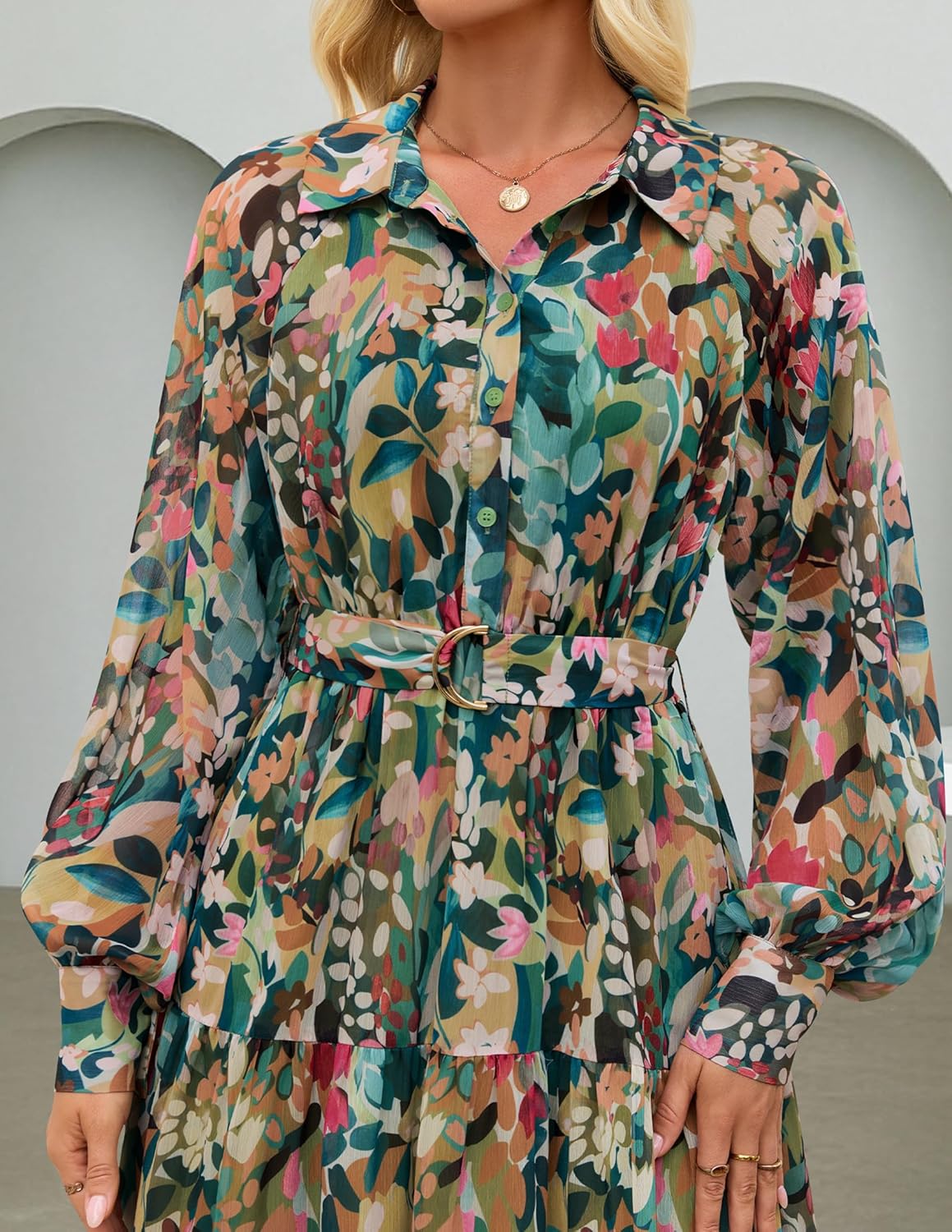 ZESICA Women's Spring Floral Long Sleeve Maxi Dresses 2026 Casual Button Belted Chiffon Boho Wedding Guest Party Dress - Image 6