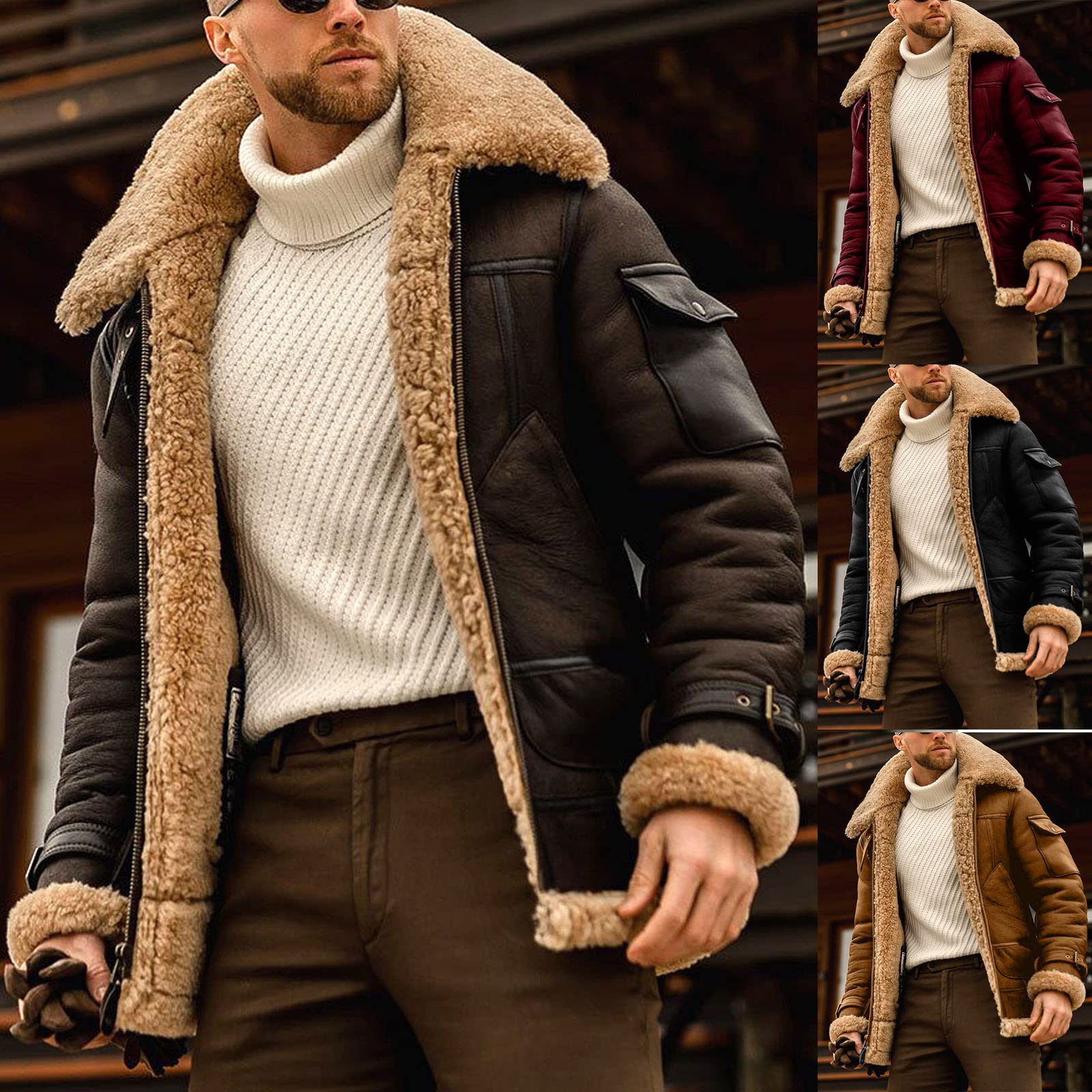 Chaquetas de invierno para hombre, de piel sintética, con forro polar, acogedora, chaqueta bomber Sherpa con bolsillos, cuello de solapa de poliuretano, gabardina resistente al viento, chaqueta de