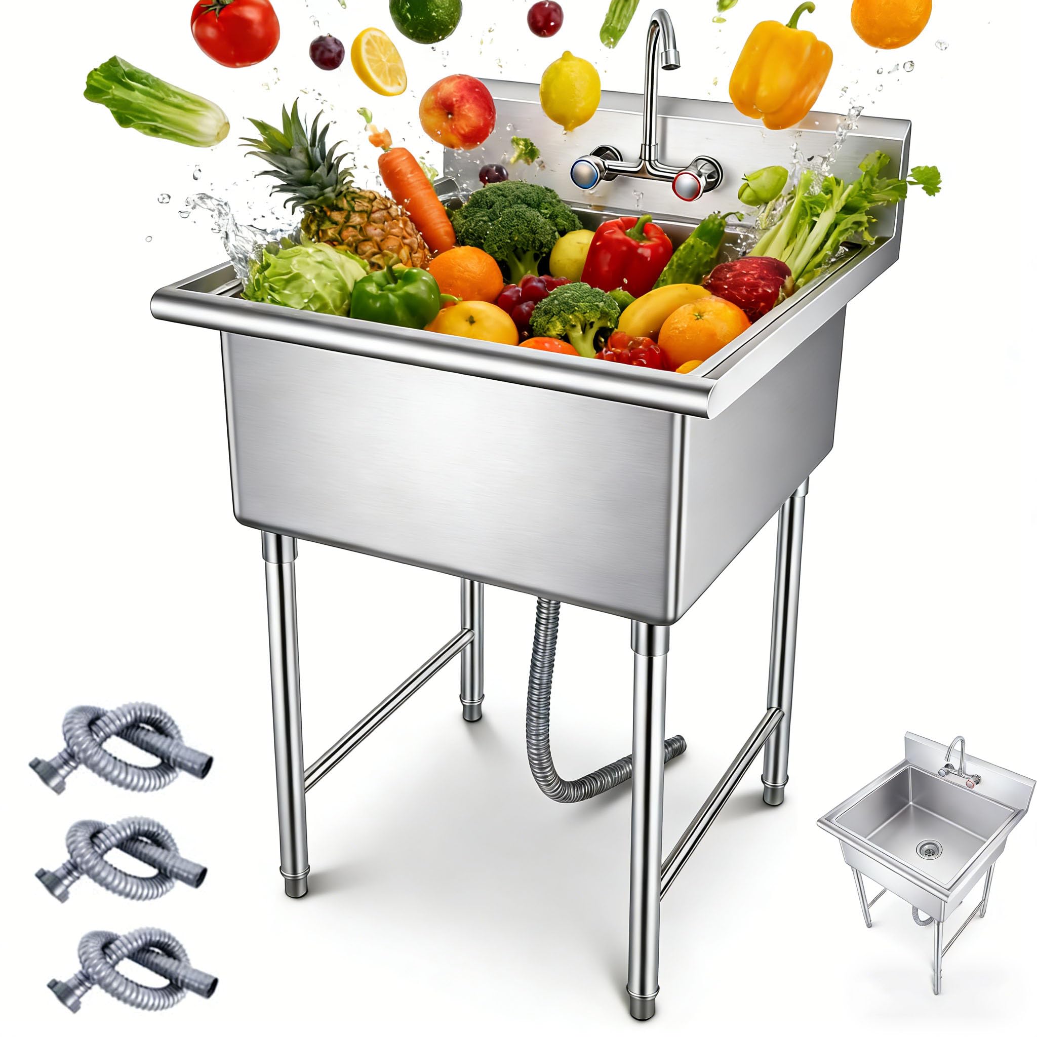 27 x 27 x 41 Heavy-Duty Stainless Steel Utility Sink, NSF Freestanding Single Bowl Commercial Sink with Sturdy Stand, Stainless Steel Prep & Utility Sink for Kitchen, Restaurant