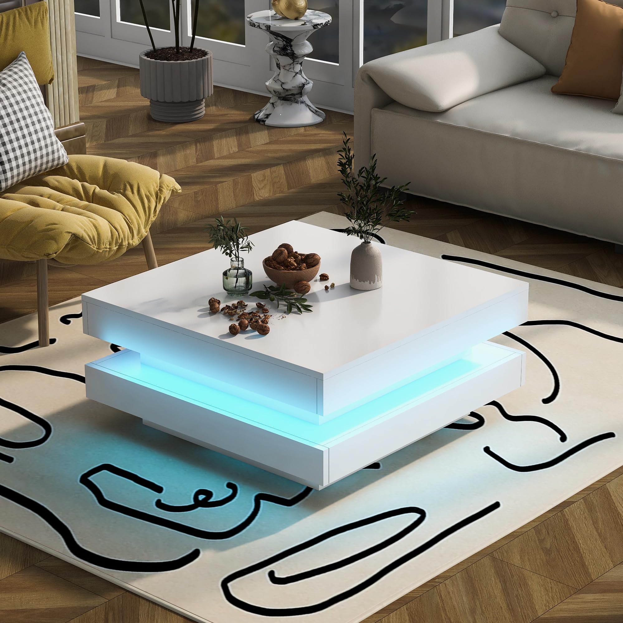 OKMYHOME Nowoczesna wisząca szafka pod telewizor i stolik kawowy z diodami LED, szafka pod telewizor ze schowkiem i obrotowym kwadratowym stolikiem kawowym, płytami MDF i płytami wiórowymi, biały, 140