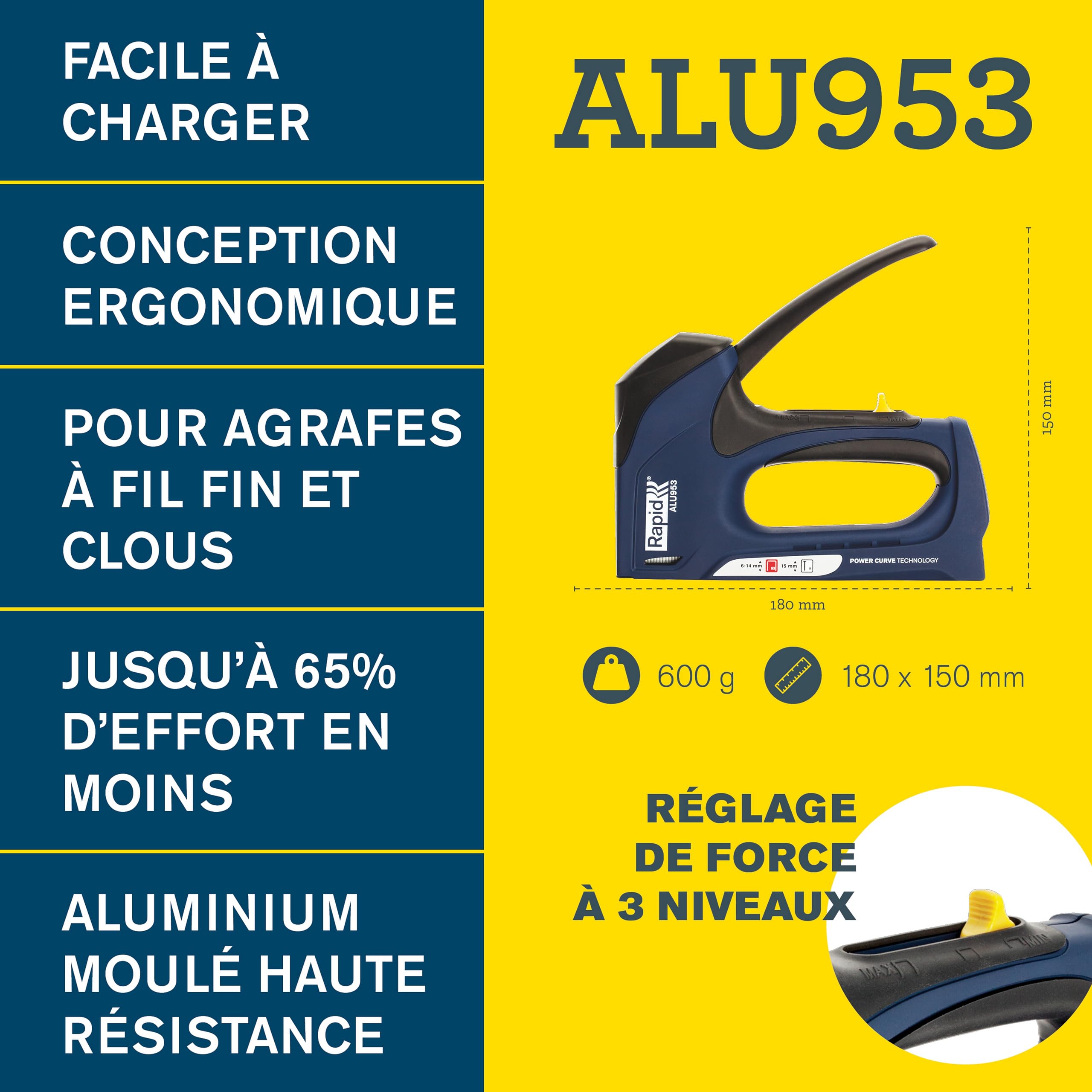Rapid - Agrafeuse ALU953 pour Agrafes N°53 (6-14mm) et Pointes N°8 (15mm), Agrafeuse Manuelle avec 3 Puissances au Choix, Technologie Powercurve et Gâchette Facile à Actionner - (5001678)