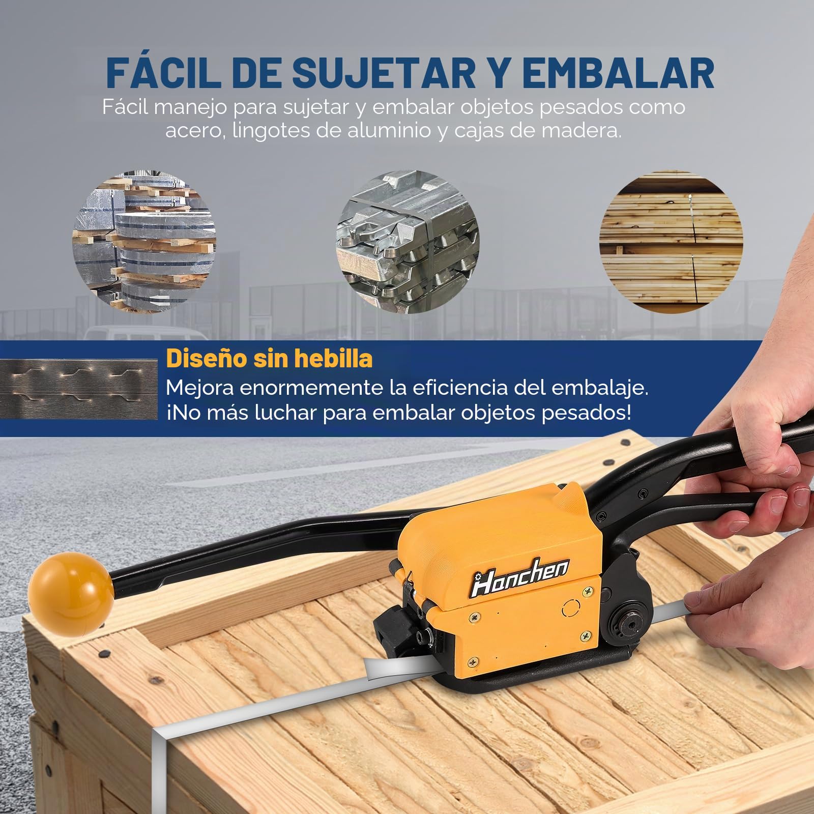 Hanchen Flejadora de Acero Manual Herramienta de Fleje de Acero sin Hebilla Máquina de Embalaje Industrial para Banda de Acero de 13-19mm