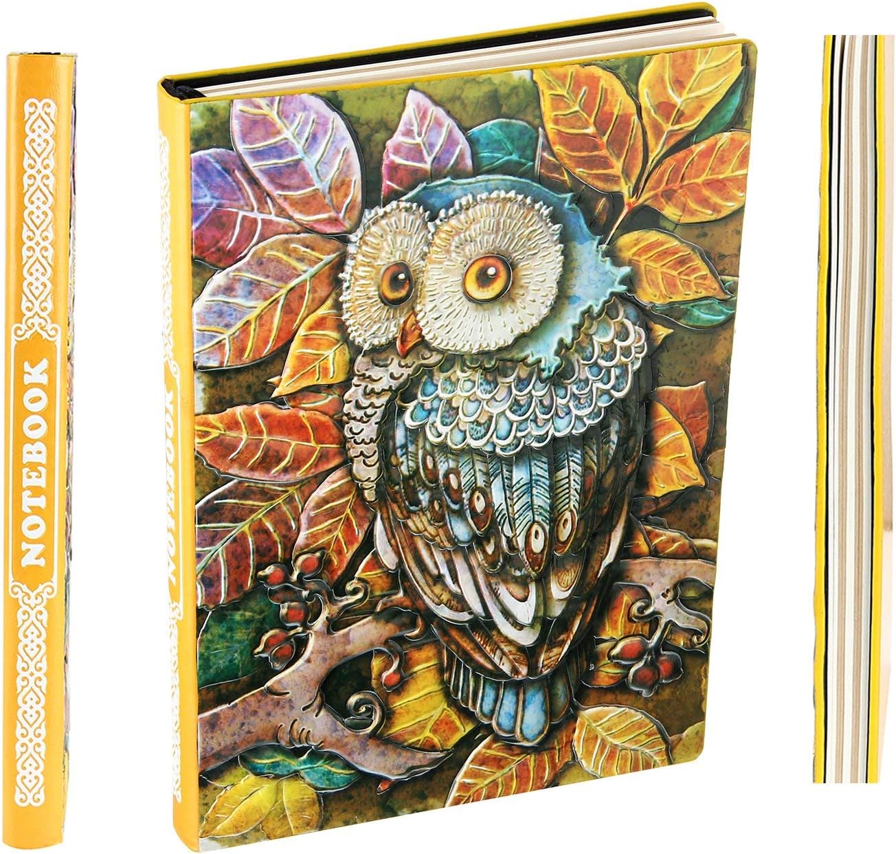 XUAN Vintage Leather Notebook A5 Lined, Travel Journal Hardcover Diary Embossed, 200 Yellow - white Pages, Gift for Girl Women, 3D Owl Multicoloured