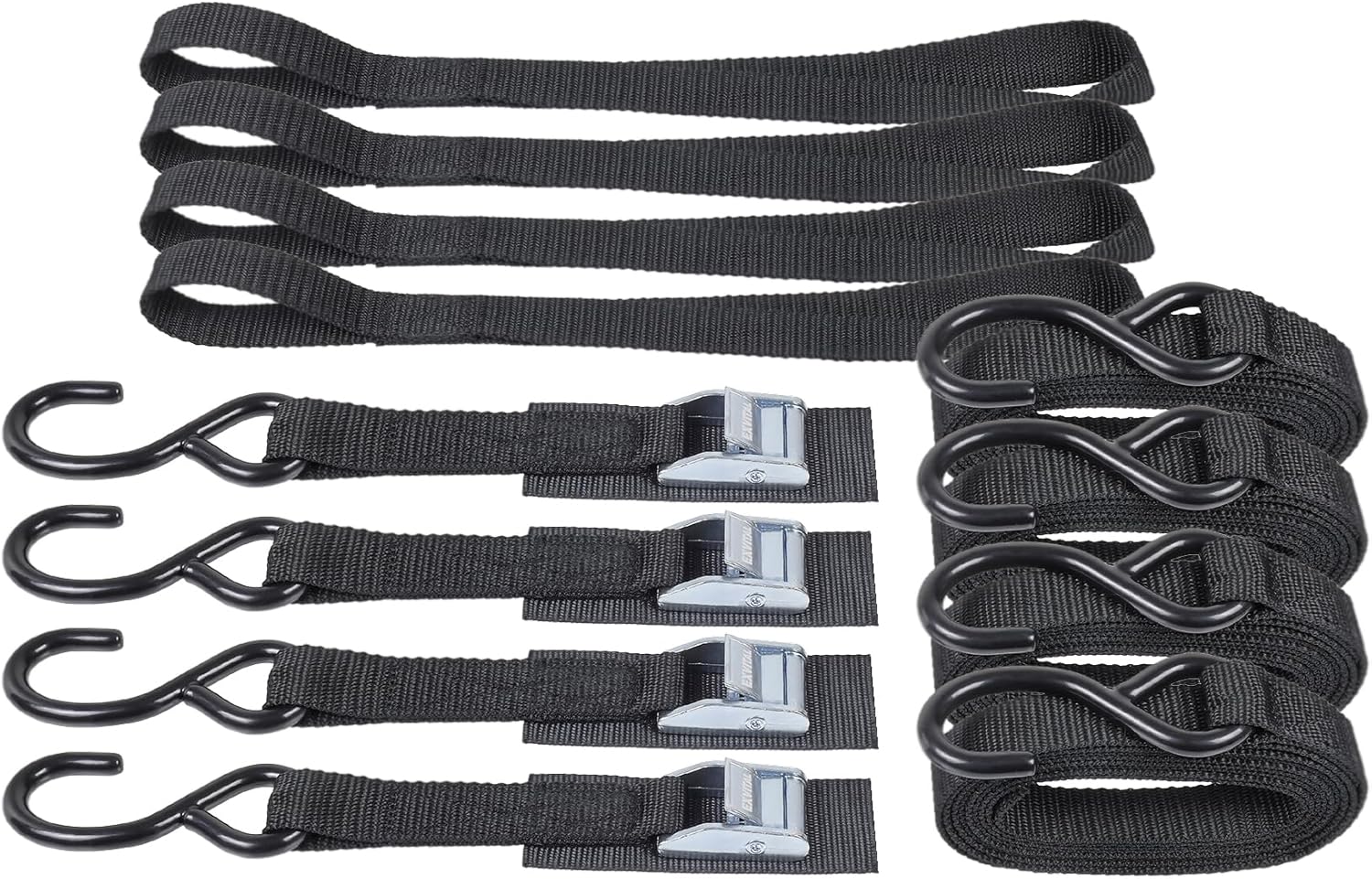 EXVITAL Tie Down Straps with Hook Cam Buckle Straps 1" x 8’ 1200lbs Break Strenght with Extra Soft Loops for Motorcycle, Kayak, ATVs, Dirt Bike, Truck, Car Black 4 Pack