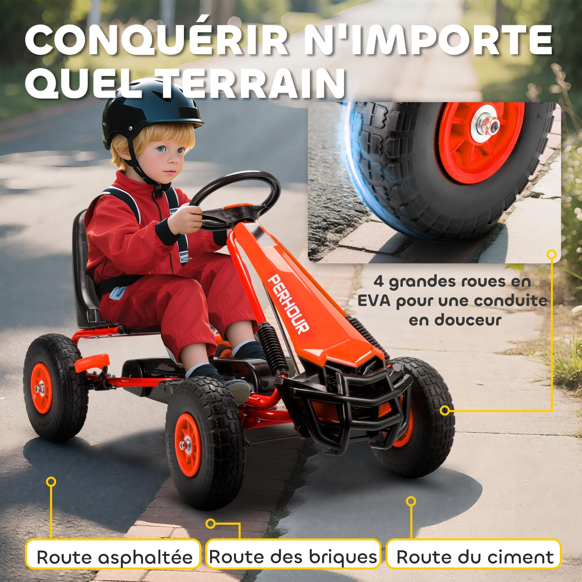 Kart à Pédales Enfant Siège Réglable Pneus Eva Carter Chaine Fermé