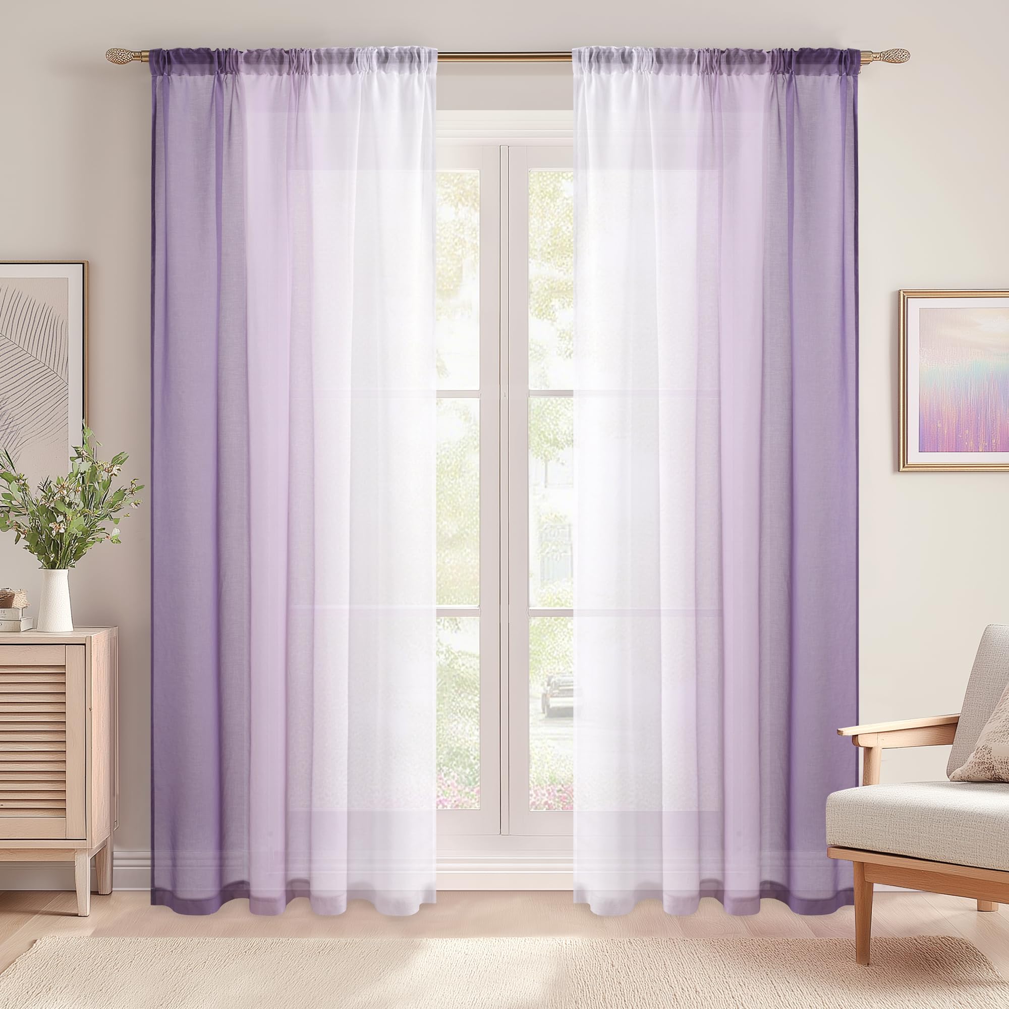 DWCN Tenda in voile viola con nastro arricciante, 140 x 225 cm (set di 2) a fili per la camera dei bambini, con sistema di binario, tenda per soggiorno da ragazza