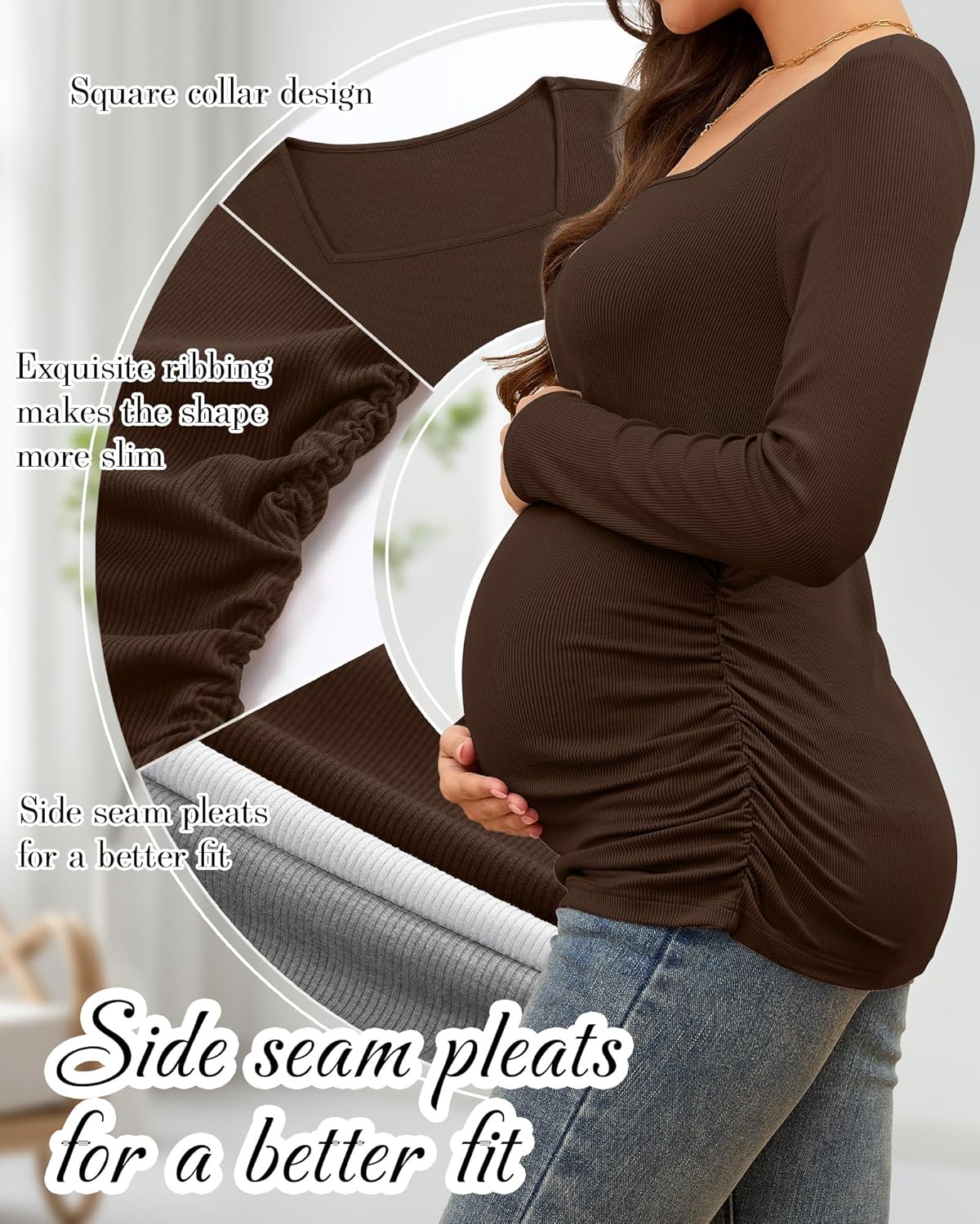 Huukeay 4 Pack Women's Maternity Shirts Cotton Ribbed Long Sleeve Square Neck Pregnancy Tunic Tops Side Ruched Basic Tee - Image 4
