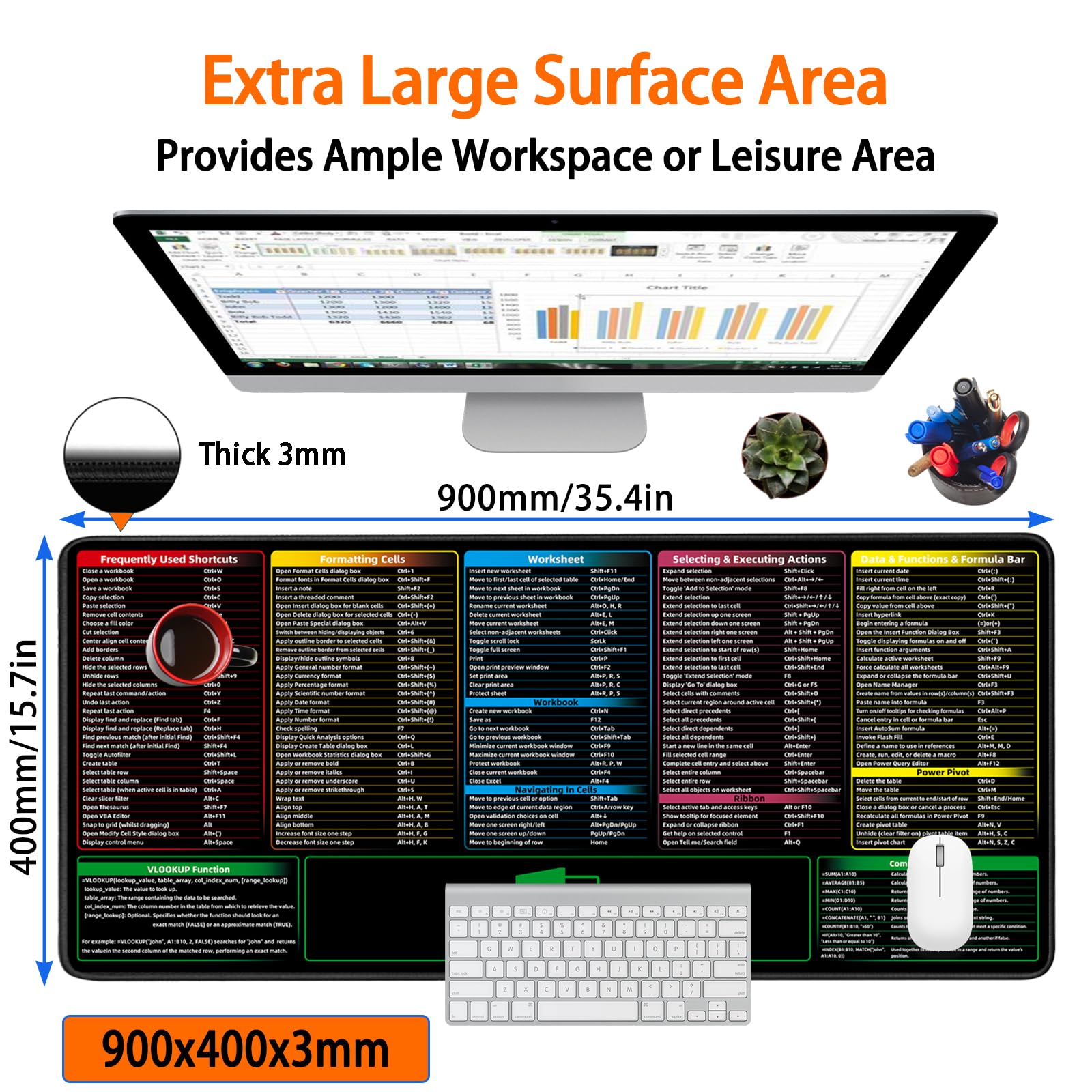 Excel Shortcuts - Alfombrilla para mouse, extendida, grande, XXL (35.4 x 15.7 x 0.12 pulgadas), alfombrilla de mouse para juegos, alfombrilla gigante de escritorio de oficina, alfombrilla de